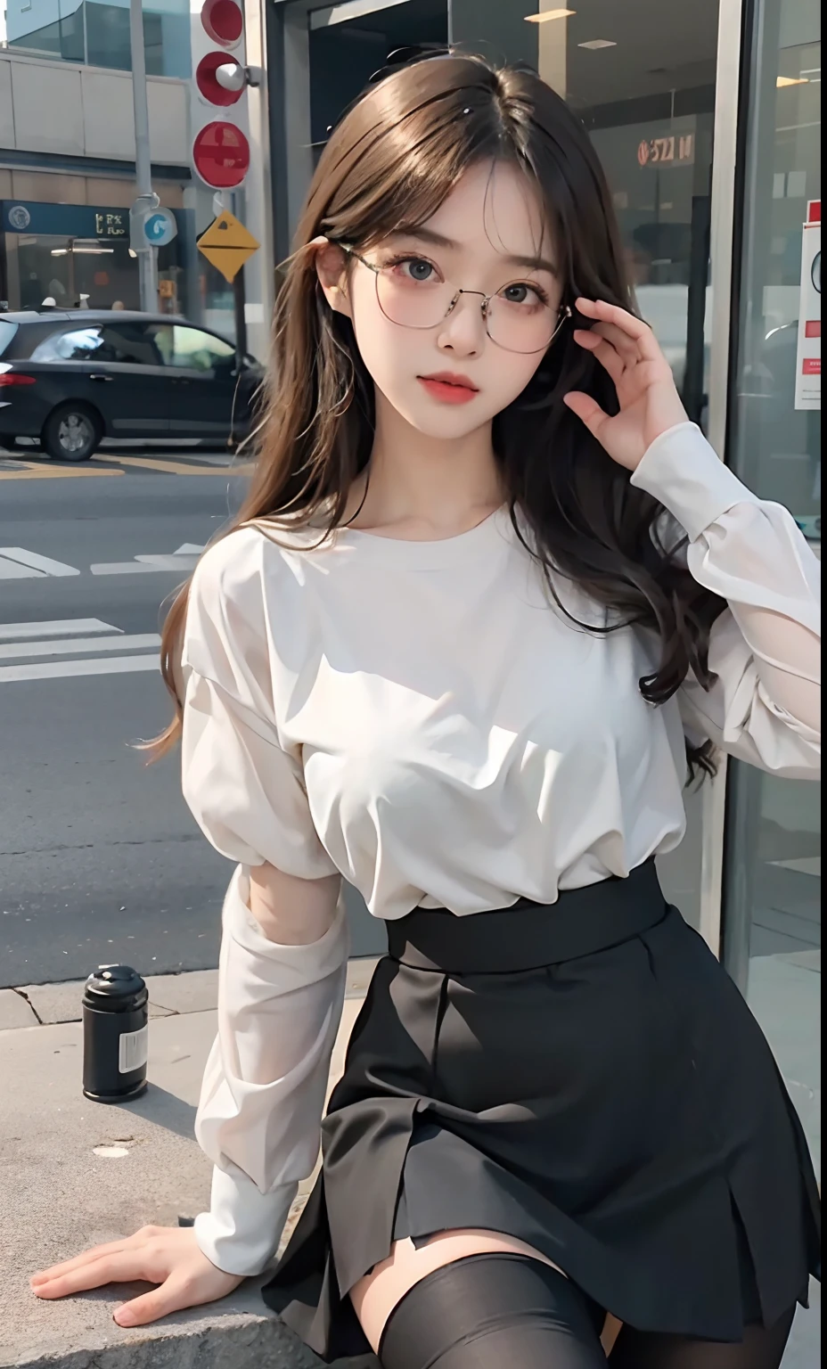 ulzzang -6500-v1.1, (Raw photo:1.2), (Photorealistic:1.4), Beautiful detailed girl, Very detailed eyes and face, Beautiful detailed eyes, Ridiculous, Incredibly ridiculous, Huge file size, super detailed, High resolution, Very detailed, Best Quality, masutepiece, ((fashion clothing with diverse colors)), Illustration, Very detailed, nffsw, unified, 8K Wallpaper, amazing, Fine detail, masutepiece ,Best Quality, Highly detailed ticker uniform 8K wallpaper, Light on Face, Movie Lighting, 1girl in, 16 years old, long white hair, side split, (Big breasts), ()), (Glasses), ((Dynamic Pose))), ((Sexy Pose))), (Camel toe), (half), (pantyhose)), ((Black hip skirt))