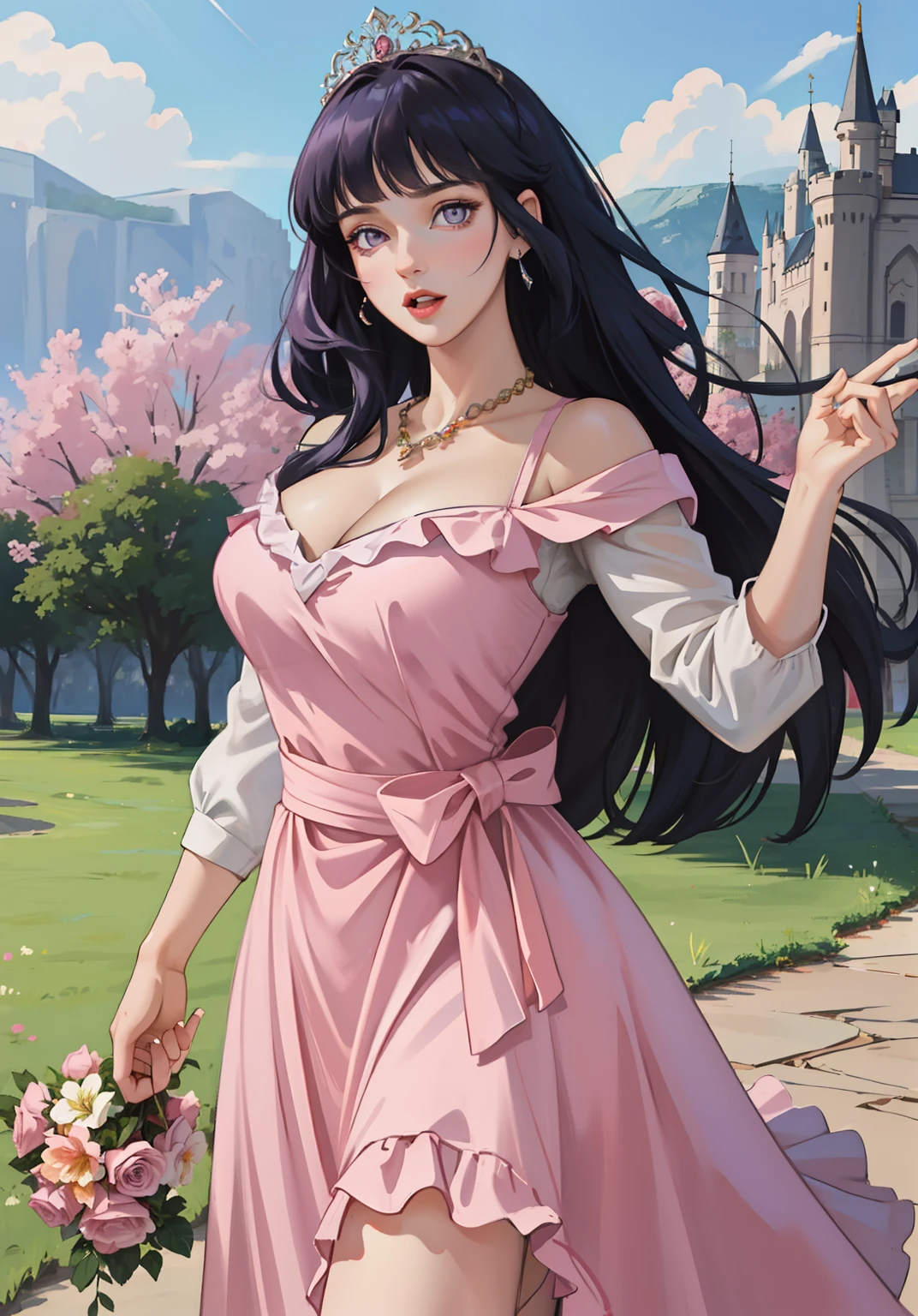 (auroraWaifu:1), surprised, beautiful pose, looking at the viewer, thick thighs, (long pink dress:1.2), (medium hair, tiara) :D, curvy, (holding a red rose:1),

(realistic: 1.2), (realism), (masterpiece: 1.2), (best quality), (ultra detailed), (8k, 4k, intricate), (full-body-shot: 1), (Cowboy-shot: 1.2), (85mm), light particles, lighting, (highly detailed: 1.2), (detailed face: 1.2), (gradients), sfw, colorful, (detailed eyes: 1.2),

(detailed landscape, garden, plants, castle: 1.2), (detailed background), detailed landscape, (dynamic angle: 1.2), (dynamic pose: 1.2), (rule of third_composition: 1.3), (line of action: 1.2), wide shot, daylight, soil, Blunt Bangs, purple eyes,dark blue hair