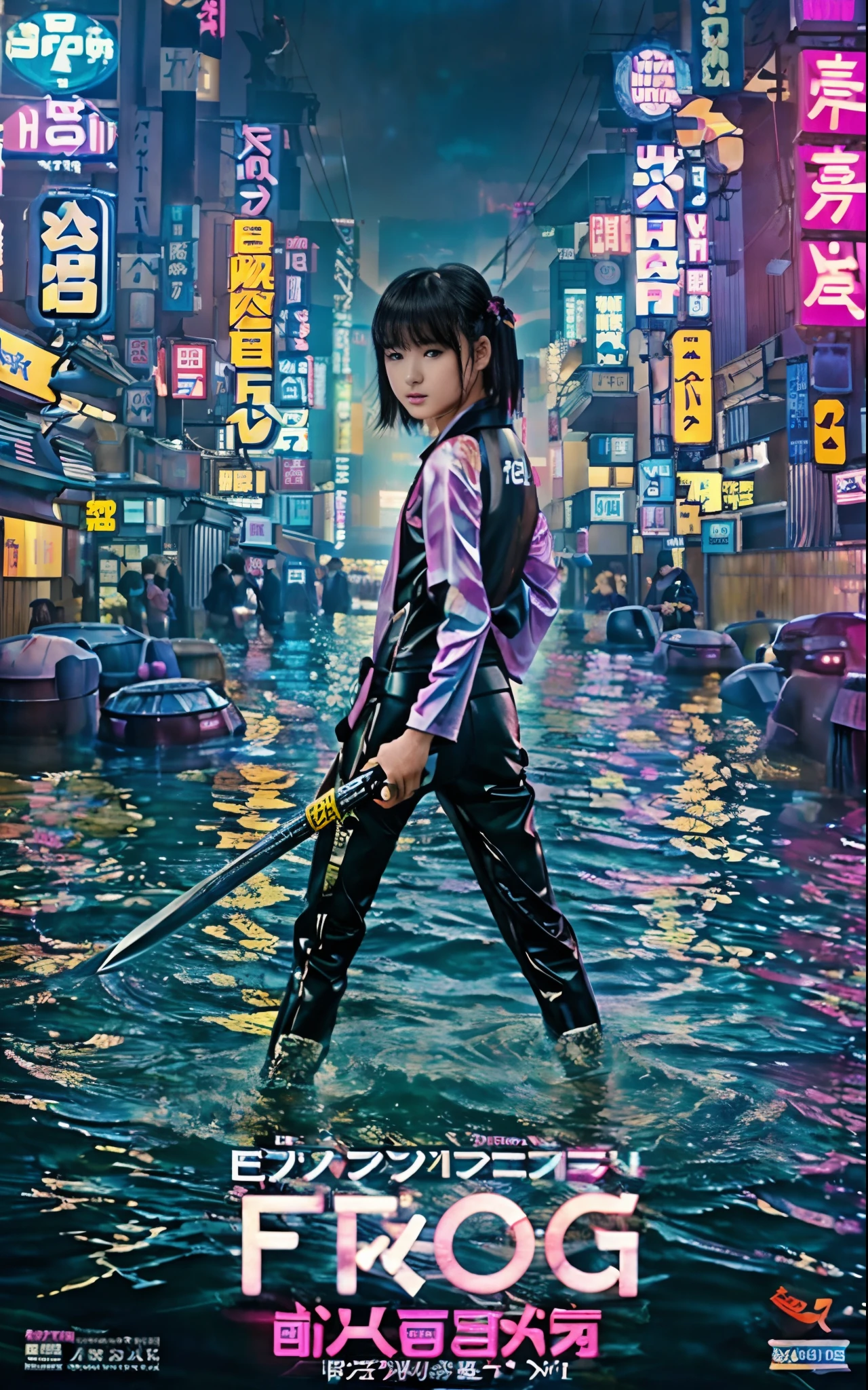 Movie poster with realistic pictures、Boyish teenage Japan girl standing in flooded Tokyo city、Turning around、With a very slender body、Wearing black slim denim、Wearing a monotone shirt、With cool shortcuts、He has a sharp gaze on you with determination、Armed with a long Japan sword、The realistic photo, Movie poster, movie title says:"frog" with small text says:"black rain," shows the deep submerged city of Tokyo with a cute, boyish, short hair teenage girl wearing a modern fashion likes girly parker style mixed with light diving suits, she is holding a long katana, cool posing, realistic photo, beautiful rendering of the water surface reflecting, The flickering pink and orange neon sign says:"frog", 8K, wallpaper, (incredibly_absurdres,huge_filesize:1.37),(​masterpiece:1.37),(top-quality:1.37),(realisitic,Photorealsitic:1.2),Ray traching,Realistic lighting,(illuminations,Glow),((film grains:1.37)),(Exquisite details and textures:1.2),(8K resolution:1.2),(ultra -detail:1.2),(Sharp Focus 1.2),(RAW Photography:1.0),(Beautiful Detail Face、Beautiful Detail Eye、 radiant eyes、long eyeslashes、blush of the nose:1.2)、((((perfect anatomia))))、full bodyesbian、ceremony、1girl in、solo、a beauty girl、high class、(A slender:1.37)、(cute  face)、(Natural glowing skin:1)、(Detailed natural beautiful skin、detailed skin textures、Detailed black hair、Well-formed hairstyles)、Facial light、(ciinematic light)