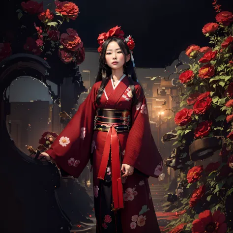 Arafed woman in a kimono standing in a field of red roses, Mulher chinesa, Mulher japonesa, mulher nas flores, Menina chinesa, m...