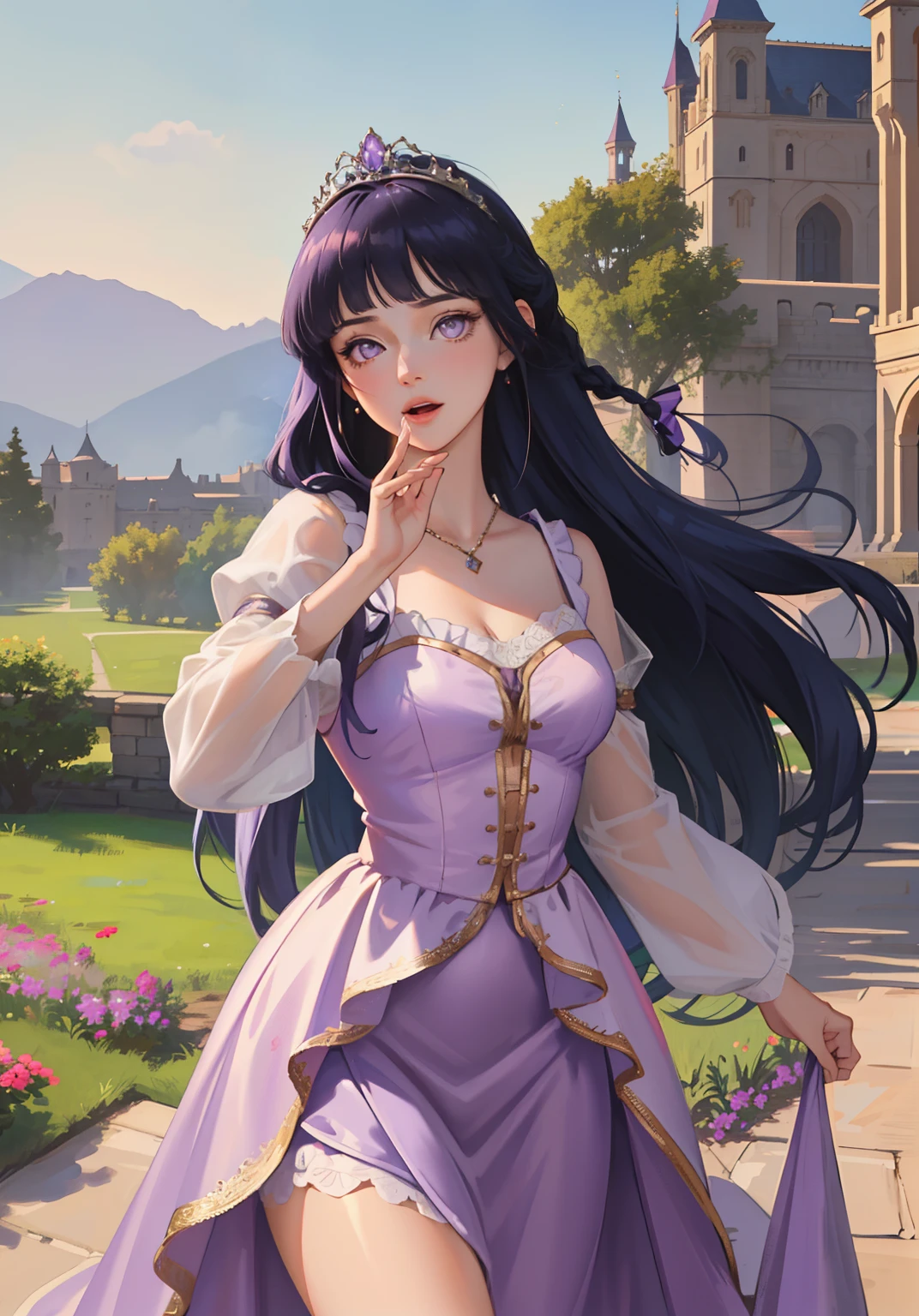 (RapunzelWaifu:1), surprised, beautiful pose, looking at the viewer, thick thighs, (long soft purple dress:1.2), (very long hair, tiara) :D,braid,

(realistic: 1.2), (realism), (masterpiece: 1.2), (best quality), (ultra detailed), (8k, 4k, intricate), (full-body-shot: 1), (Cowboy-shot: 1.2), (85mm), light particles, lighting, (highly detailed: 1.2), (detailed face: 1.2), (gradients), sfw, colorful, (detailed eyes: 1.2),

(detailed landscape, garden, plants, castle: 1.2), (detailed background), detailed landscape, (dynamic angle: 1.2), (dynamic pose: 1.2), (rule of third_composition: 1.3), (line of action: 1.2), wide shot, daylight, soil, Blunt Bangs, purple eyes,dark blue hair