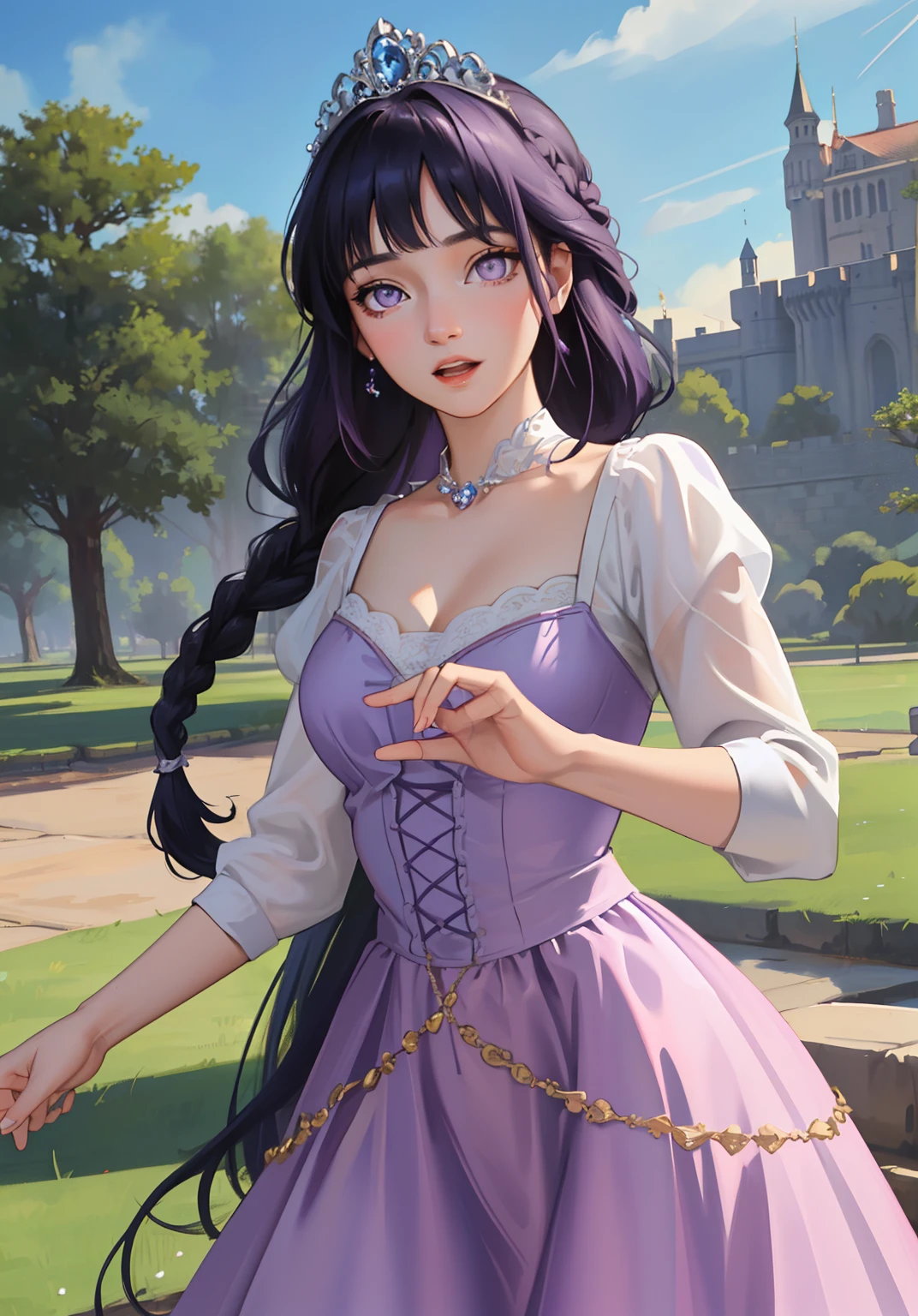 (RapunzelWaifu:1), surprised, beautiful pose, looking at the viewer, thick thighs, (long soft purple dress:1.2), (very long hair, tiara) :D,braid,

(realistic: 1.2), (realism), (masterpiece: 1.2), (best quality), (ultra detailed), (8k, 4k, intricate), (full-body-shot: 1), (Cowboy-shot: 1.2), (85mm), light particles, lighting, (highly detailed: 1.2), (detailed face: 1.2), (gradients), sfw, colorful, (detailed eyes: 1.2),

(detailed landscape, garden, plants, castle: 1.2), (detailed background), detailed landscape, (dynamic angle: 1.2), (dynamic pose: 1.2), (rule of third_composition: 1.3), (line of action: 1.2), wide shot, daylight, soil, Blunt Bangs, purple eyes,dark blue hair