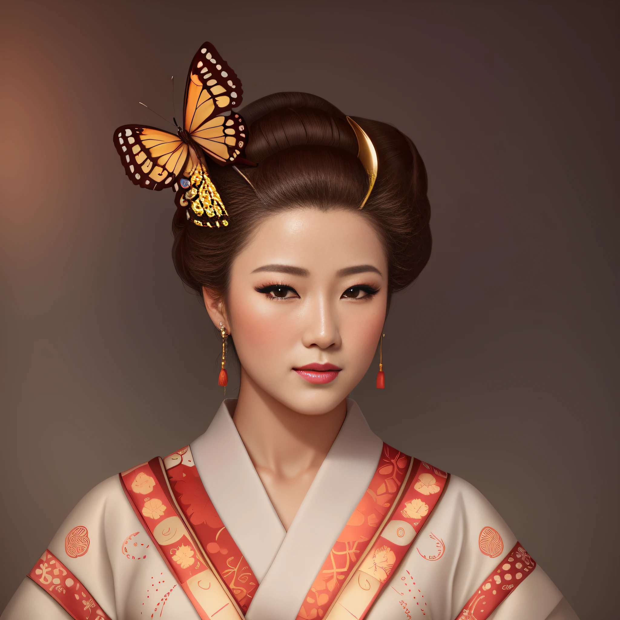 There is a woman with a butterfly in her hair, Retrato de uma gueixa bonita, Retrato da gueixa, Gueixa da beleza, Retrato de uma gueixa, gueixa japonesa, a beautiful artwork illustration, geisha photo portrait, Belezas chinesas antigas, female geisha girl, bela arte digital, Princesa chinesa antiga, Jingna Zhang, penteado de gueixa.