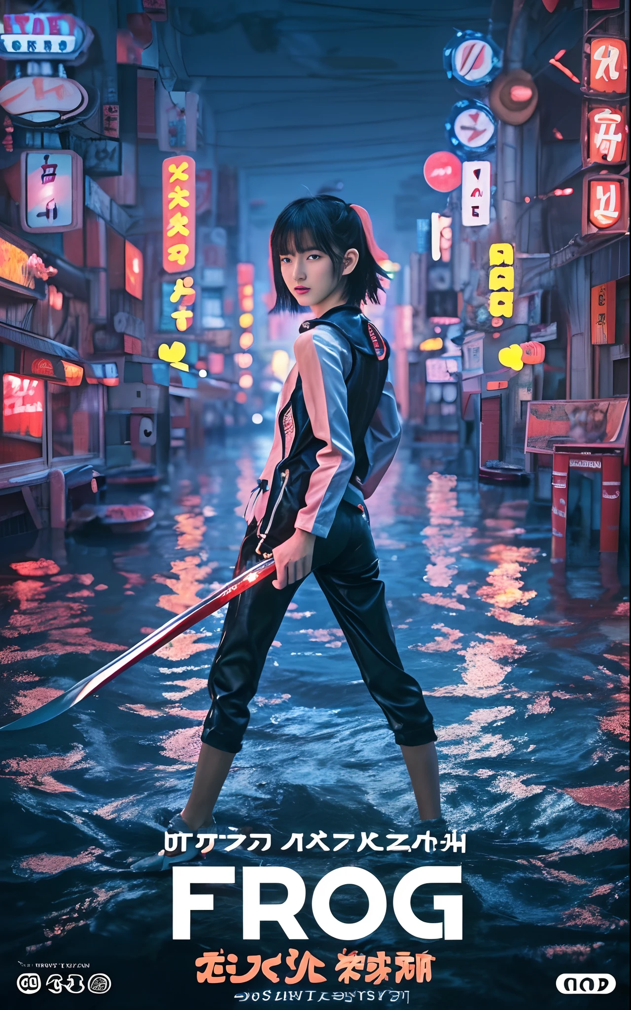 película「ranagy」un cartel para un, inspirado en Kanō Naizen, paisaje de ilya kuvshinov, Makoto Shinkai Cyril Rolando, anime ciberpunk moderno, obra de arte estilizada de fantasía urbana, ciberpunk digital - arte anime, anime ciberpunk, arte del anime ciberpunk, arte digital ilya kuvshinov, al estilo de ross tran, Póster de película con fotografías realistas inspiradas en Liam Wong、Adolescente juvenil Japón chica de pie en la ciudad inundada de Tokio、dar la vuelta、Con un cuerpo muy esbelto、Vistiendo mezclilla negra delgada、Vistiendo encaje monótono de manga larga、Llevando un chaleco negro、Peinados naturales con atajos geniales.、Ella te mira fijamente con determinación.、Sosteniendo una larga espada japonesa en su mano.、fotos realistas, cartel cinemático, El título de la película dice:"rana" Decir en texto pequeño:"Lluvia negra," Haremos que la ciudad de Tokio se vea linda, infantil, Adolescente de pelo corto a la moda moderna.、Me gusta el estilo femenino con capucha combinado con el traje de buceo ligero., Ella tiene una espada larga, Pose genial, fotos realistas, Hermosa representación de la superficie reflectante del agua, Los letreros de neón rosa y naranja parpadeantes dicen:"rana", 8k, fondo de pantalla, (creíblemente_absurderes,enorme_tamaño del archivo:1.37),(​obra maestra:1.37),(de primera calidad:1.37),(realisitic,Fotorrealista:1.2),Trazado de rayos,iluminación realista,(luces,brillo),((granos de película:1.37)),(Detalles y texturas exquisitos:1.2),(8k分辨率:1.2),(ultra-detalle:1.2),(enfoque nítido 1.2),(Fotografía cruda:1.0),(Hermoso detalle cara、Hermoso detalle ojo、 radiant eyes、pestañas largas、rubor de la nariz:1.2)、((((anatomía perfecta))))、Esbian de cuerpo completo、Ceremonia、1 chica en、solo、una chica de belleza、Clase alta、(un delgado:1.37)、(cara linda)、(Piel radiante natural:1)、(piel natural detallada、texturas de piel detalladas、Cabello negro detallado、Peinados juveniles)、luz facial、(luz cinemática)、La superficie del agua se vuelve realista、Onda a su alrededor、Luz de neón de la ciudad que se refleja en la superficie del agua、Gran ciudad después de la lluvia、Hay una luz de neón que se refleja en su rostro.、Hay una espada japonesa que refleja el letrero de neón.、​obra maestra