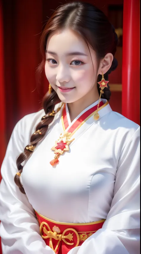 realistic photo of 1cute Korean star), ringlets, white skin, thin makeup, 32 inch breasts size, slightly smile, wearing Chinese traditional costume, in Chinese shrine, close-up portrait, 16k