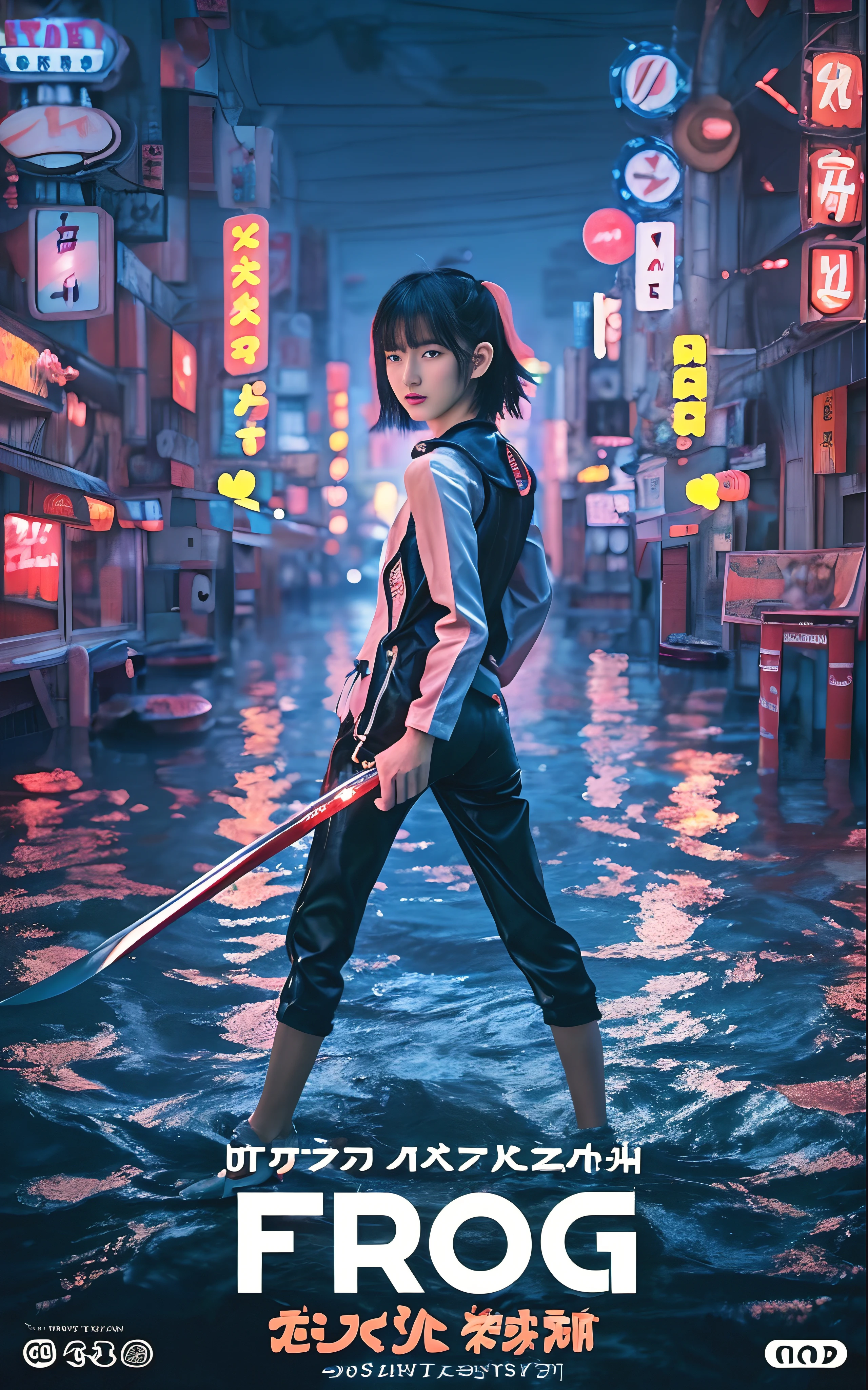 filme「sapogy」um cartaz para um, inspirado em Kano Naizen, paisagem de Ilya Kuvshinov, makoto shinkai cyril rolando, anime cyberpunk moderno, arte estilizada de fantasia urbana, cyberpunk digital - arte de anime, arte ciberpunk de anime, arte de anime cyberpunk, arte digital Ilya Kuvshinov, no estilo de Ross Tran, Pôster do filme com fotos realistas inspiradas em Liam Wong、Adolescente japonesa em pé na cidade inundada de Tóquio、virando、Com um corpo muito esguio、Vestindo jeans preto justo、Usando renda monótona de mangas compridas、Vestindo um colete preto、Penteados naturais com atalhos legais、Ela olha para você com determinação、Segurando uma longa espada do Japão na mão、fotos realistas, Cartaz cinematográfico, O título do filme diz:"sapo" Diga em texto pequeno:"chuva negra," Vamos fazer a cidade de Tóquio olhar bonito, juvenil, Adolescente de cabelos curtos na moda moderna、Eu gosto do estilo de capuz feminino misturado com o terno de mergulho leve, Ela tem uma espada longa, Pose legal, fotos realistas, Bela renderização da superfície reflexiva da água, Letreiros de néon rosa e laranja piscando dizem:"sapo", 8K, papel de parede, (com credibilidade_absurdos,enorme_tamanho do arquivo:1.37),(obra-prima:1.37),(qualidade máxima:1.37),(realista,Fotorrealístico:1.2),Traçado de raios,iluminação realista,(iluminações,brilho),((grãos de filme:1.37)),(Detalhes e texturas requintados:1.2),(Resolução 8K:1.2),(ultra-detalhe:1.2),(Foco Nítido 1.2),(Fotografia RAW:1.0),(belo detalhe do rosto、Olho lindo detalhe、 olhos radiantes、cílios longos、rubor do nariz:1.2)、((((anatomia perfeita))))、Esbian de corpo inteiro、Cerimônia、1 garota em、só、uma linda garota、Alta classe、(Um esguio:1.37)、(rosto fofo)、(Pele brilhante natural:1)、(Pele natural detalhada、Texturas de pele detalhadas、cabelo preto detalhado、Penteados de menino)、Luz facial、(luz cinematográfica)、A superfície da água torna-se realista、Ondulação em torno dela、Luz do sinal de néon da cidade refletindo na superfície da água、Cidade grande depois da chuva、Há uma luz de néon refletindo em seu rosto、Há uma espada japonesa que reflete o sinal de néon、obra-prima