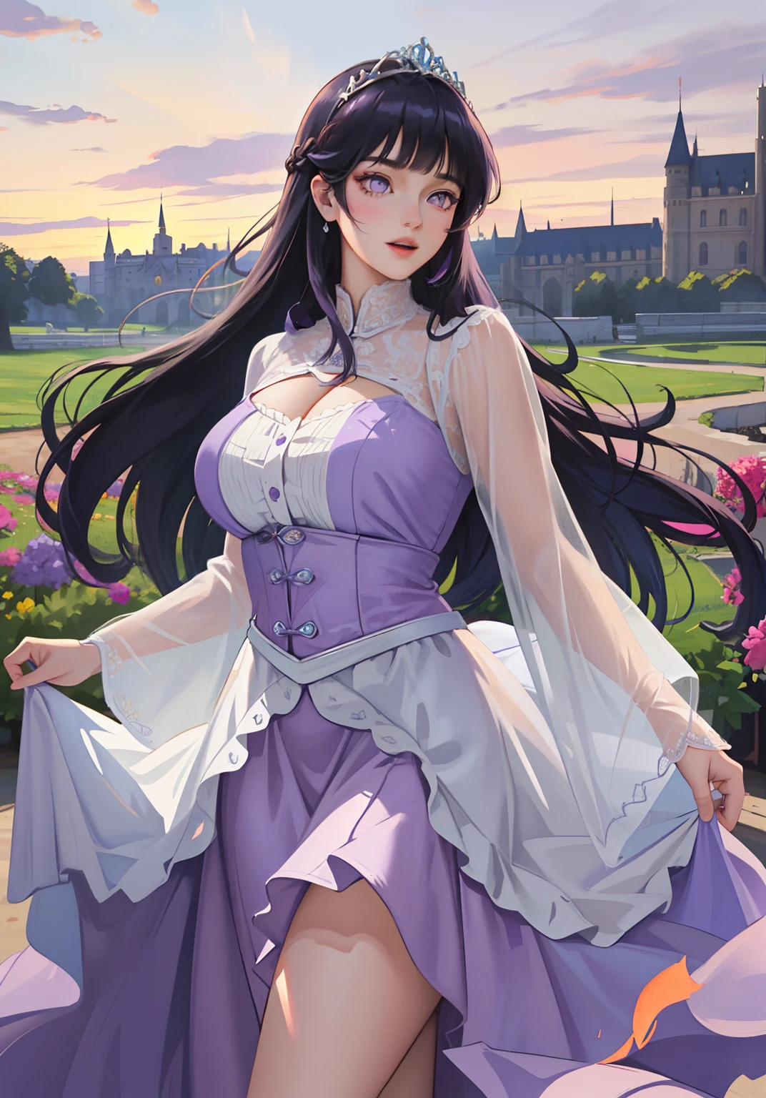 (RapunzelWaifu:1), surprised, beautiful pose, looking at the viewer, thick thighs, (long soft purple dress:1.2), (very very long hair, tiara) :D,curvy,

(realistic: 1.2), (realism), (masterpiece: 1.2), (best quality), (ultra detailed), (8k, 4k, intricate), (full-body-shot: 1), (Cowboy-shot: 1.2), (85mm), light particles, lighting, (highly detailed: 1.2), (detailed face: 1.2), (gradients), sfw, colorful, (detailed eyes: 1.2),

(detailed landscape, garden, plants, castle: 1.2), (detailed background), detailed landscape, (dynamic angle: 1.2), (dynamic pose: 1.2), (rule of third_composition: 1.3), (line of action: 1.2), wide shot, daylight, soil, Blunt Bangs, purple eyes,dark blue hair