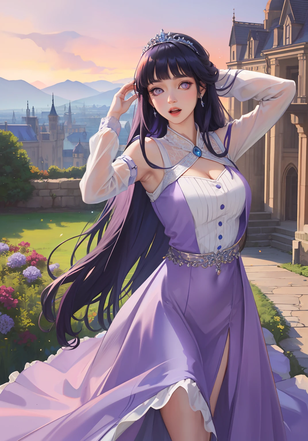 (RapunzelWaifu:1), surprised, beautiful pose, looking at the viewer, thick thighs, (long soft purple dress:1.2), (very very long hair, tiara) :D,curvy,

(realistic: 1.2), (realism), (masterpiece: 1.2), (best quality), (ultra detailed), (8k, 4k, intricate), (full-body-shot: 1), (Cowboy-shot: 1.2), (85mm), light particles, lighting, (highly detailed: 1.2), (detailed face: 1.2), (gradients), sfw, colorful, (detailed eyes: 1.2),

(detailed landscape, garden, plants, castle: 1.2), (detailed background), detailed landscape, (dynamic angle: 1.2), (dynamic pose: 1.2), (rule of third_composition: 1.3), (line of action: 1.2), wide shot, daylight, soil, Blunt Bangs, purple eyes,dark blue hair