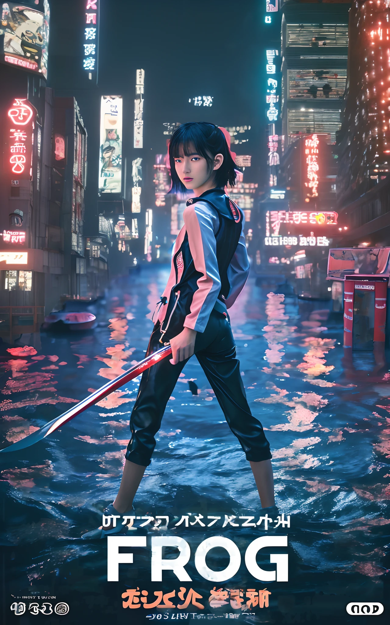 Detailed Tokyo city center at night in the background、Movie poster with realistic pictures、Boyish teenage Japan girl standing in flooded Tokyo city、Turning around、With a very slender body、Wearing black slim denim、Wearing monotone long-sleeved lace、Wearing a black vest、Natural hairstyles with cool shortcuts、She looks at you sharply with determination、Holding a long Japan sword in his hand、photos realistic, Cinematic poster, The title of the film says:"frog" Say in small text:"black rain," We will make the city of Tokyo look cute, boyish, Short-haired teenage girl in modern fashion、I like the girly hoodie style mixed with the light diving suit, She has a long sword, Cool Pose, photos realistic, Beautiful rendering of reflective water surface, Flickering pink and orange neon signs say:"frog", 8K, Wallpaper, (credibly_absurderes,Huge_filesize:1.37),(​masterpiece:1.37),(top-quality:1.37),(realisitic,Photorealsitic:1.2),Ray traching,Realistic lighting,(illuminations,Glow),((film grains:1.37)),(Exquisite details and textures:1.2),(8K分辨率:1.2),(ultra -detail:1.2),(Sharp Focus 1.2),(Raw photography:1.0),(Beautiful Detail Face、Beautiful Detail Eye、 radiant eyes、long eyeslashes、blush of the nose:1.2)、((((perfect anatomia))))、full body Esbian、Ceremony、1girl in、独奏、a beauty girl、High class、(A slender:1.37)、(cute  face)、(Natural glowing skin:1)、(Detailed natural skin、detailed skin textures、Detailed black hair、Boyish Hairstyles)、Facial light、(ciinematic light)、Water surface is rendered realistic、Ripple around her、City neon sign light reflecting on the surface of the water、Big city after rain、、depth of fields、​masterpiece