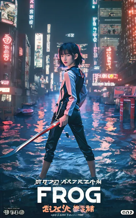 Detailed Tokyo city center at night in the background、Movie poster with realistic pictures、Boyish teenage Japan girl standing in flooded Tokyo city、Turning around、With a very slender body、Wearing black slim denim、Wearing monotone long-sleeved lace、Wearing ...