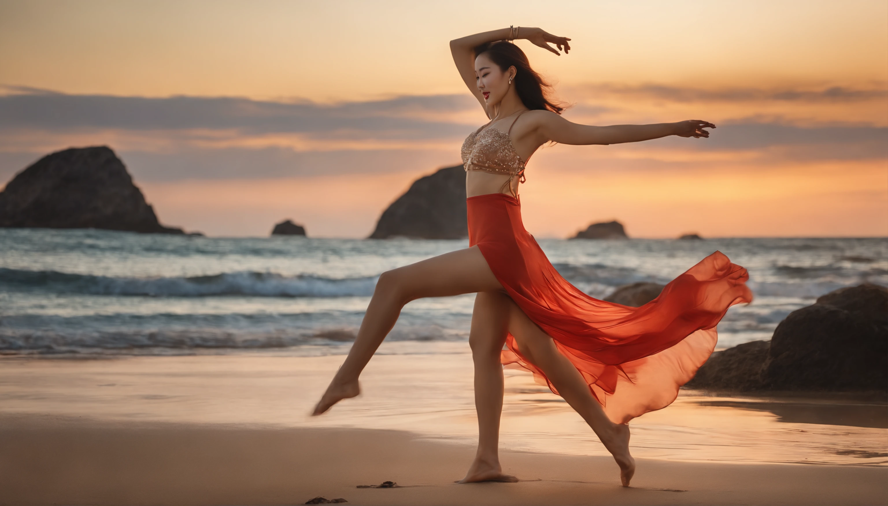 Arafed woman in a red skirt dancing on the beach - SeaArt AI