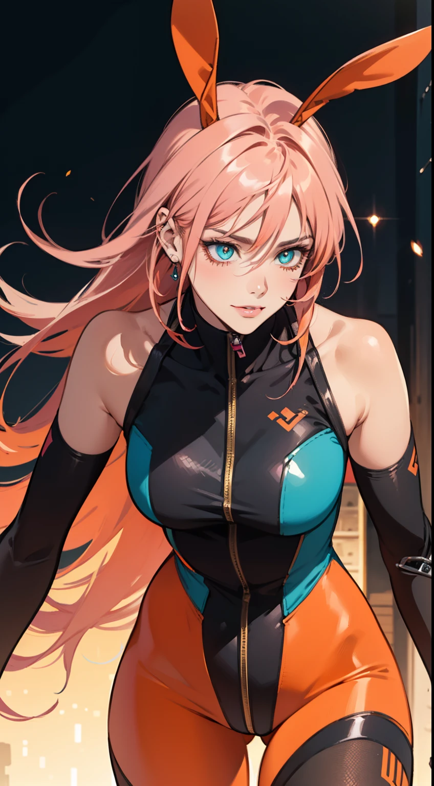 ((Best Quality)), ((Masterpiece)), ((Realistic)) tsuka kendou, 1woman, cute face, determined look, smile, long_legs, full_body, adult mature female ((spiky orange-pink hair,))((orange-pink mullet 1.1)), (long hair), bright cyan_eyes, (yellow_pupil,) hero, sleeveless blue_spandex_bodysuit, long orange-pink rabbit_ears, colored concept art, highly detailed character design, highly detailed face, Vivid and colorful colors, Delicate lines,