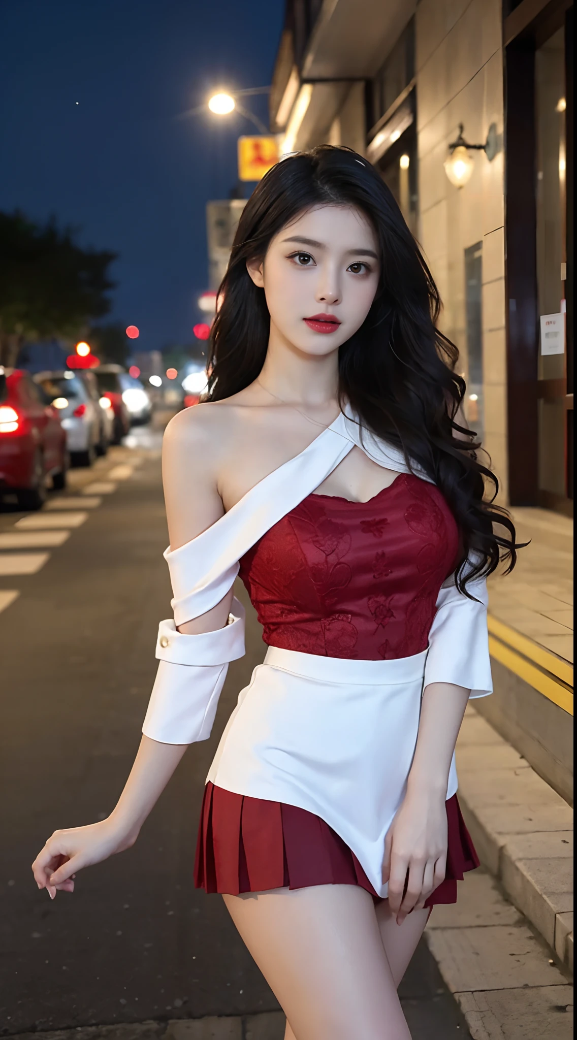 A perfect young female white-collar worker，Chinese big breasts，High picture  quality，Works of masters，Black hair，Long hair shawl，Long hair flowing over  the shoulders，Beach wave hairstyle，cropped shoulders，鎖骨，exquisite  face，Hydrated red lips