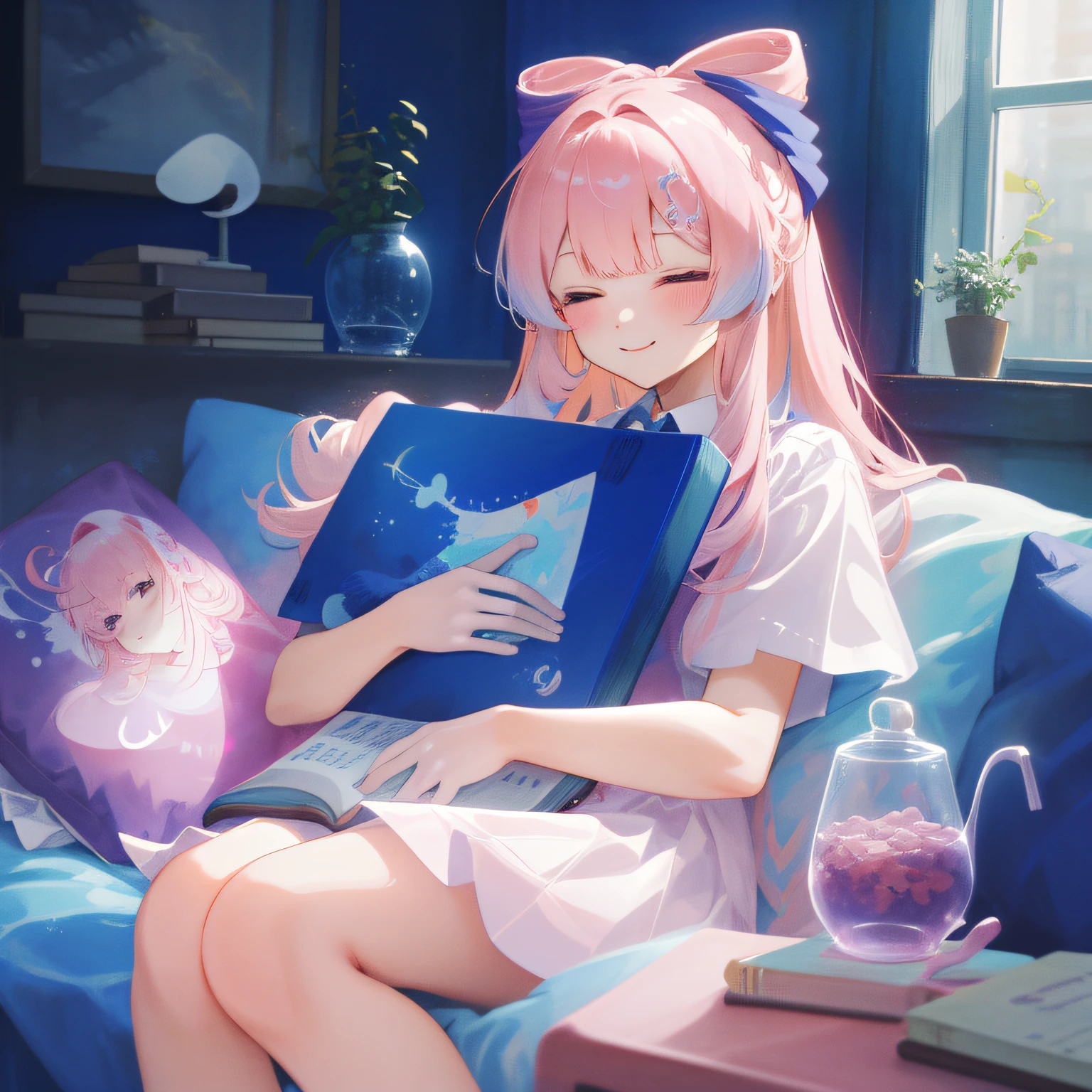 masterpiece,best quality,artbook,colorful,comic,strong rim light,one_girl, adorable girll,angel_face,bishoujo,lying,pillow_hug,lap pillow,half-closed eyes,light smile,long hair,pink hair, half white gloves,bowtie,underwater,fish,bubble,coral,notebook, reel \(riru\),