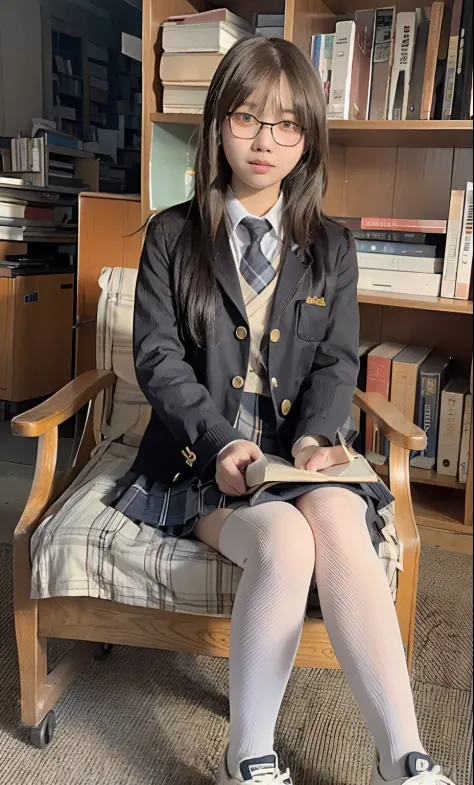 1girl, (raw photo:1.2), (photorealistic:1.4), beautiful girl, high resolution, very detail, best quality, masterpiece, ((school girl wear school uniform)), illustration, 8k wallpaper, 16 years old, (wearing glasses), ((sitting on chair and reading a book))...