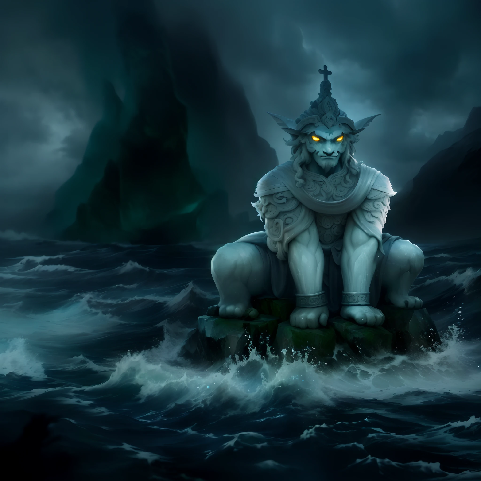 Es gibt eine Statue eines Mannes, der auf einem Felsen im Wasser sitzt,  Asura aus der chinesischen Mythologie, der Gott des Meeres, Wasserdämon -  SeaArt AI