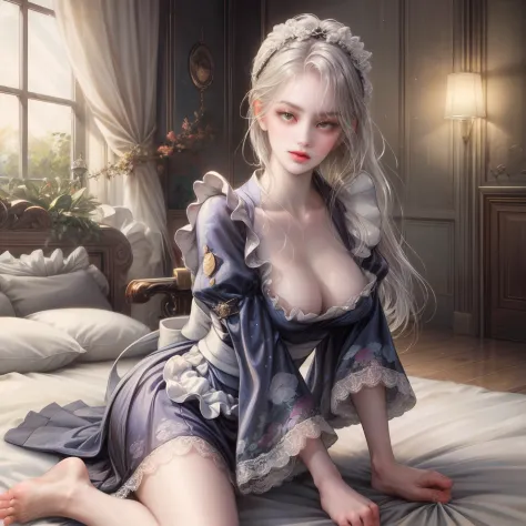 "((1 girl in)、(Long grey hair+silber hair:1.2)、(Lori+Beautiful clothes)、Perfectly beautiful、robe blanche、Goddess Pixiv、seductiv)、(Dynamic table pose)、(cute little)、(The background is unknown)、hight resolution。」（（（1个Giant Breast Girl）），Ray traching，（dim mur...