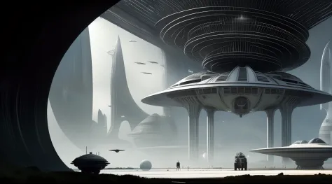H.R. Giger concept-art minimalista para Alien, plataforma espacial 8K, realista, Cosmic Night,  Small spacecraft colony, niebla, oscuridad fria, penumbra de planeta ostil
