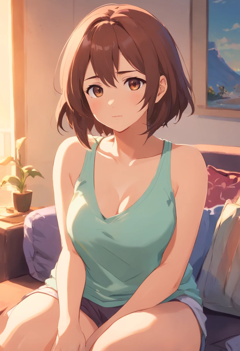 Anime girl sitting on a bed with a green tank top - SeaArt AI