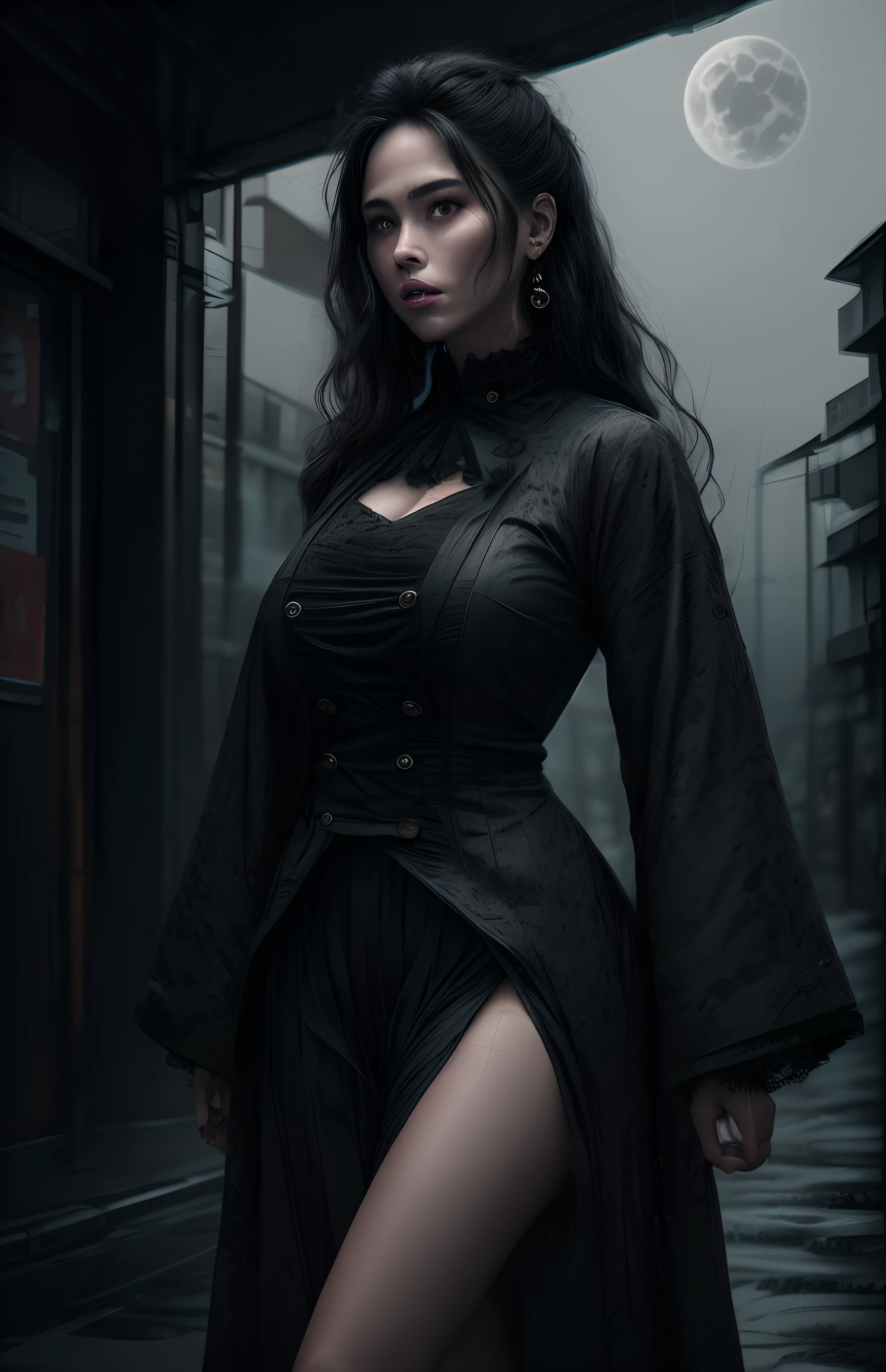 Horror theme element, realistic high quality masterpiece, (beautiful) Japanese female, age 27,wavy long black hair, walking down dark moonlit alley,large detailed moon in sky in background, moonlit,with fog and shadows, spooky,nightime,cinematic lighting,dressed conservatively, wearing a deep purple lace top & double breasted coat black (buttoned up) closed coat black, medium length black skirt black., fix hands, detailed lips