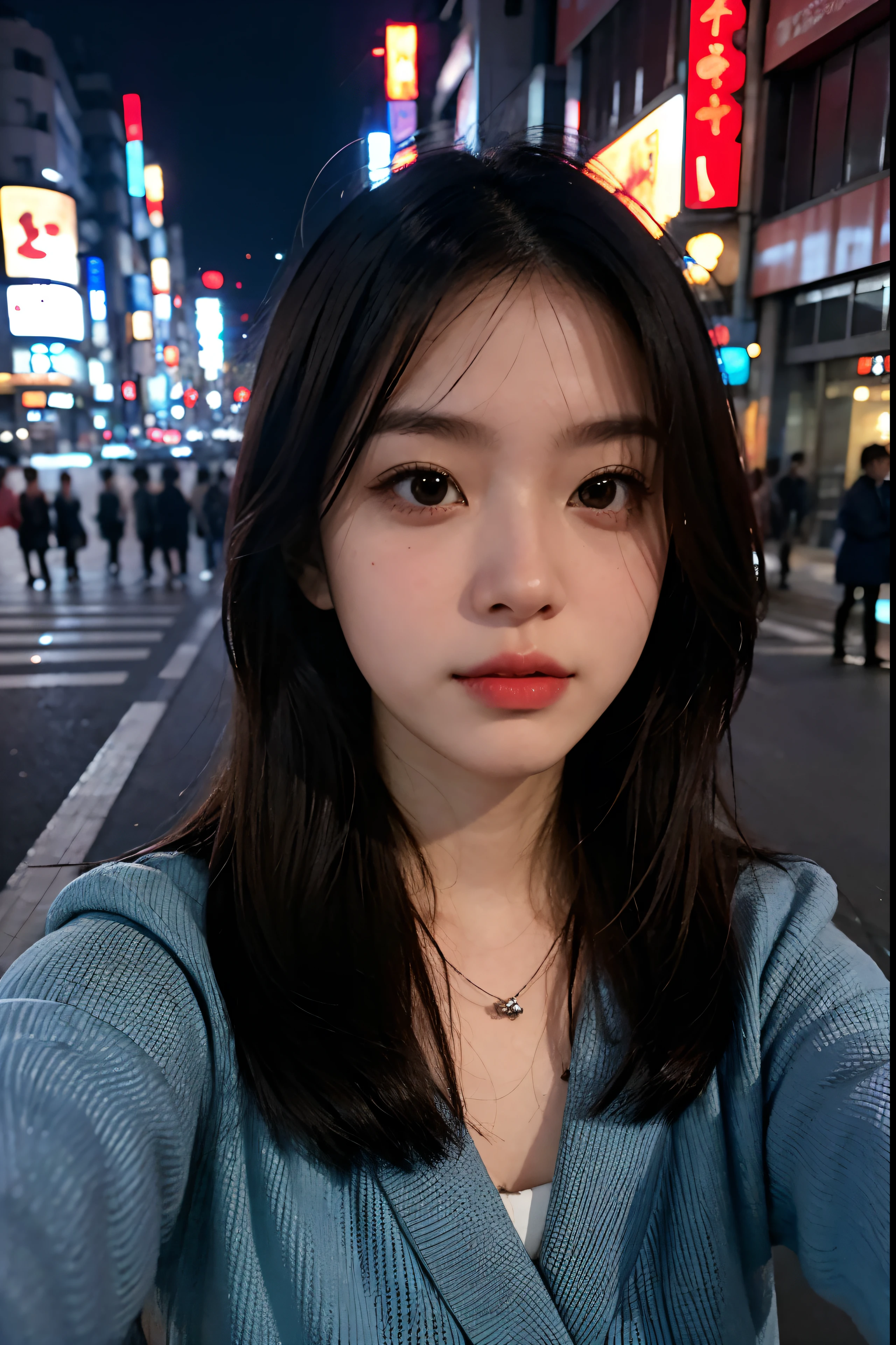 1girl, Tokyo street,night, cityscape,city lights, upper body,close-up, 8k, RAW photo, best quality, masterpiece,realistic, photo-realistic, selfie