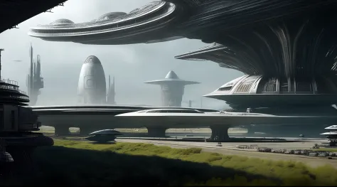 H.R. Giger concept-art minimalista para Alien, plataforma espacial 8K, realista, Cosmic Night, Small spacecraft colony, niebla, oscuridad fria, Penumbra of Planeta Ostíl. Cidad cyberpunk
