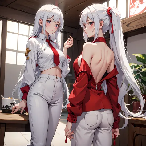 tmasterpiece, hiquality, detailing, A  girl, white pants, Red shirt, backboob, Indoors, white colored hair