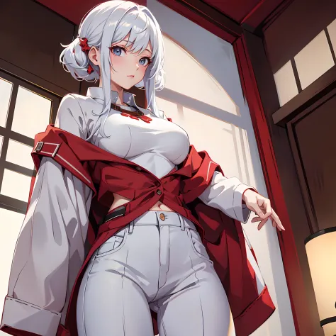 tmasterpiece, hiquality, detailing, A  girl, white pants, Red shirt, backboob, Indoors, white colored hair