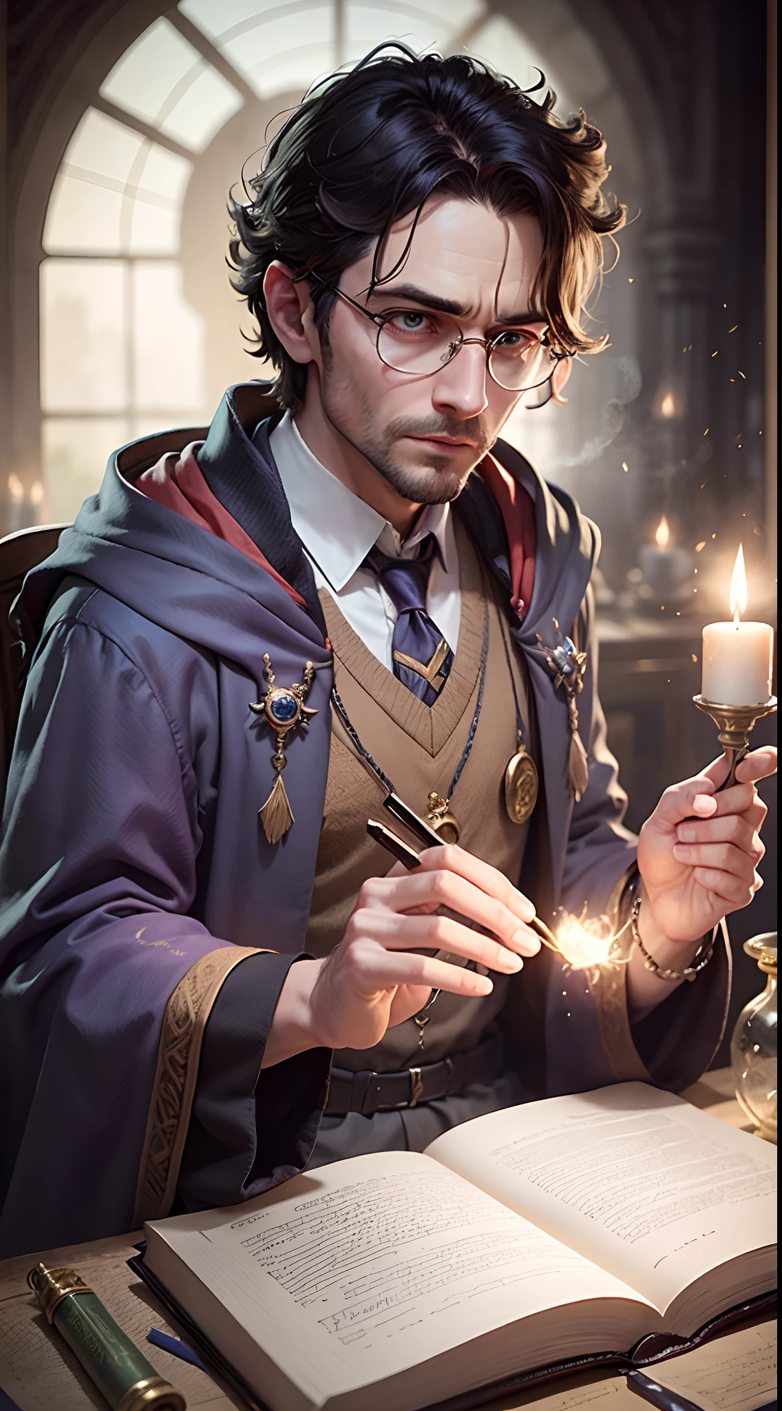 （Male magic teacher in the Harry Potter universe）, A look of determination，A vibrant magic mystery potions classroom, Magic Book, Cast a magic wand,  Flashing spell effect, Spin the robe, Engaging lectures, Engaging storytelling, Enigmatic Atmosphere, Flashing candlelight, Spells and charms,  Wonderful exams, Wizard test, Brewing potions, intense concentration, magical artifacts,  enchanting spell, Engaging course。"