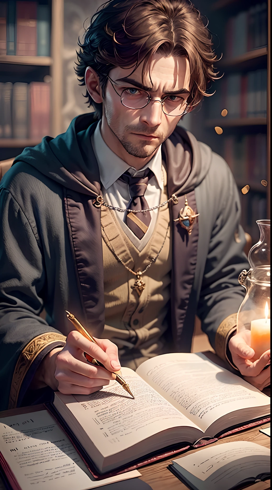 （Male magic teacher in the Harry Potter universe）, A look of determination，A vibrant magic mystery potions classroom, Magic Book, Cast a magic wand,  Flashing spell effect, Spin the robe, Engaging lectures, Engaging storytelling, Enigmatic Atmosphere, Flashing candlelight, Spells and charms,  Wonderful exams, Wizard test, Brewing potions, intense concentration, magical artifacts,  enchanting spell, Engaging course。"