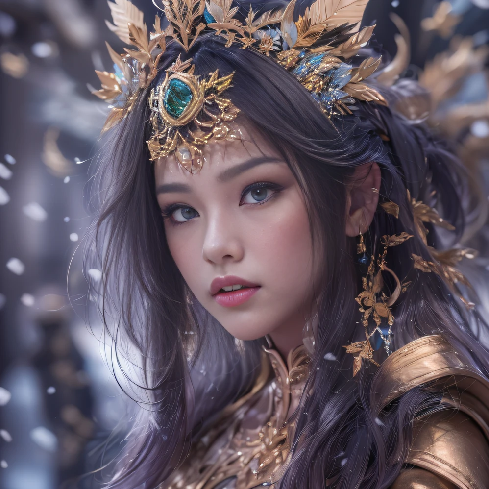 32K（tmasterpiece，k hd，hyper HD，32K）short detailed hair，Gold jewelry area ，Flame Girl ，Copper Protector （realisticlying：1.4），Python pattern robe，Purple-pink tiara，Snowflakes fluttering，The background is pure，Hold your head high，Be proud，The nostrils look at people， A high resolution， the detail， RAW photogr， Sharp Re， Nikon D850 Film Stock Photo by Jefferies Lee 4 Kodak Portra 400 Camera F1.6 shots, Rich colors, ultra-realistic vivid textures, Dramatic lighting, Unreal Engine Art Station Trend, cinestir 800，Hold your head high，Be proud，The nostrils look at people