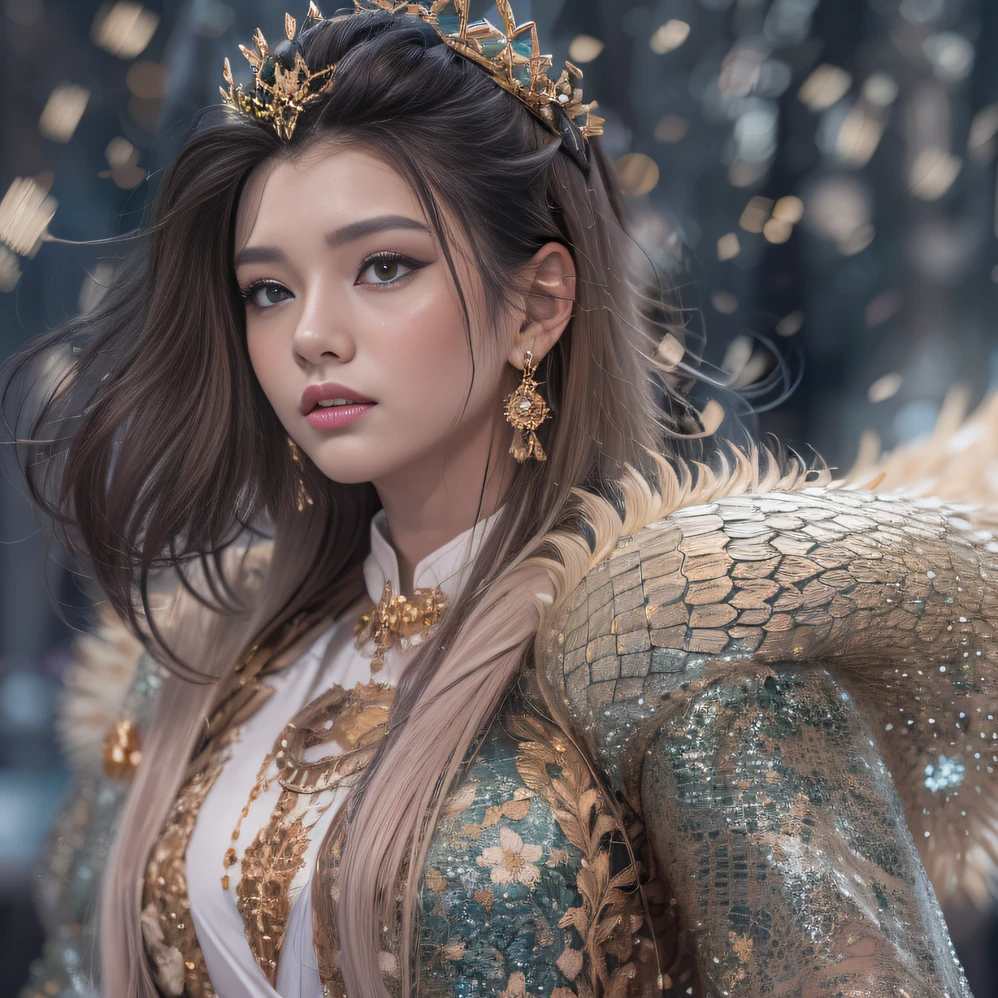 32K（tmasterpiece，k hd，hyper HD，32K）short detailed hair，Gold jewelry area ，Flame Girl ，Copper Protector （realisticlying：1.4），Python pattern robe，Purple-pink tiara，Snowflakes fluttering，The background is pure，Hold your head high，Be proud，The nostrils look at people， A high resolution， the detail， RAW photogr， Sharp Re， Nikon D850 Film Stock Photo by Jefferies Lee 4 Kodak Portra 400 Camera F1.6 shots, Rich colors, ultra-realistic vivid textures, Dramatic lighting, Unreal Engine Art Station Trend, cinestir 800，Hold your head high，Be proud，The nostrils look at people