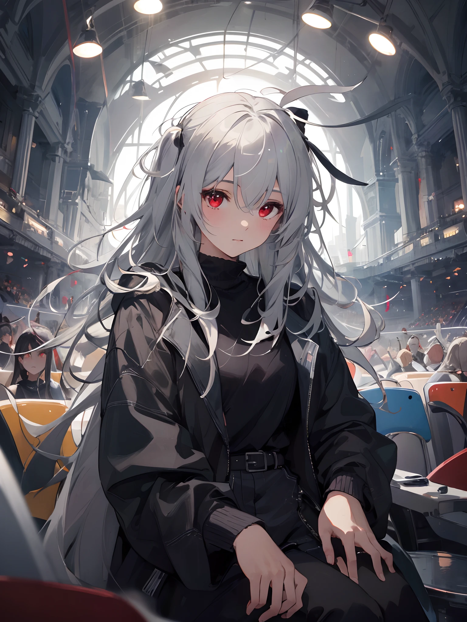 (masterpiece, best quality, high quality), 1 girl, ((unmoved)), sitting, looking at the audience, white hair, (long hair, messy hair), red eyes, :(, flowing hair