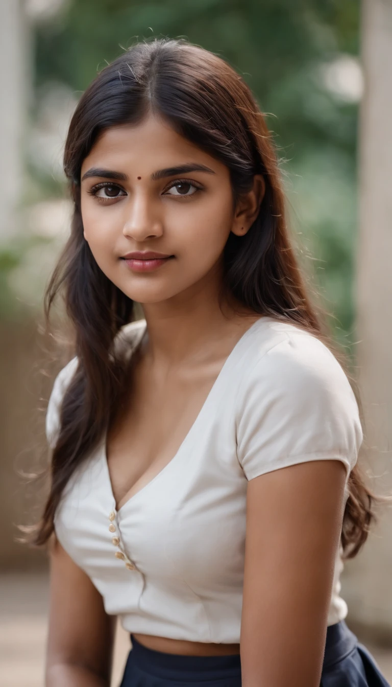 portrait of an young Indian school girl, 1 in a mini skirt school uniform, big round boobies,