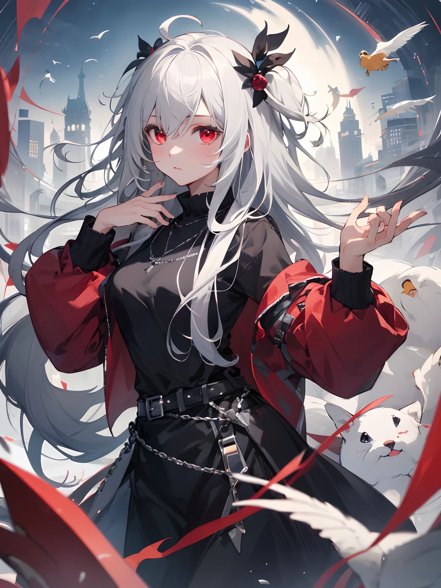 （tmasterpiece，Best quality at best，high high quality），1girll，（（unfazed by）），sitted，looking at viewert，White hair，（long whitr hair，messy  hair），red eyes，:(，floated hair，Exquisitehands，Normal hands