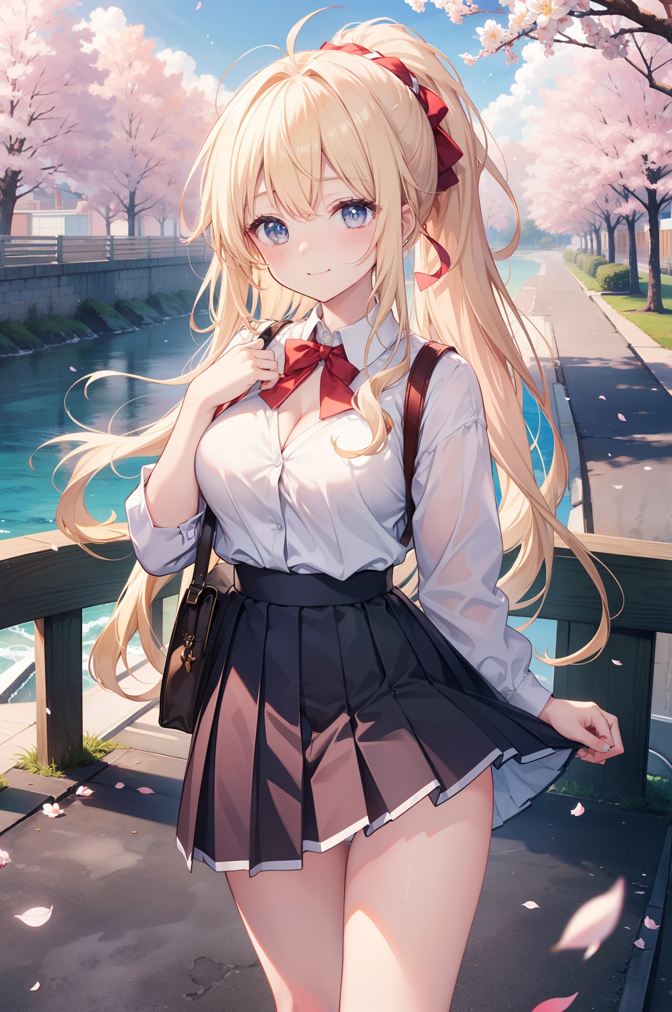 ​masterpiece, top-quality, Official art, (Highly detailed CG Unity 8K wallpapers), Detailed background, (Guido Daniel's Hand: 1.1), foot out of frame, One-person viewpoint, 1, Attractive and perfect beautiful woman, hi-school girl、nffsw、 uniform、springtime、cherry trees、blows wind、(((Flipping skirt、I can see the white panties)))、(Curvaceous), ( white thighhig: 1.12)、(Blonde long-haired:1.12)、(Ahoge:1.13)、(High Ponytail:1.12)、(verd s eyes:1.13)、Look at the viewer、greatest、(cleavage of the breast)、beautiful expression、(red blush:1.11)、(A smile:1.11)