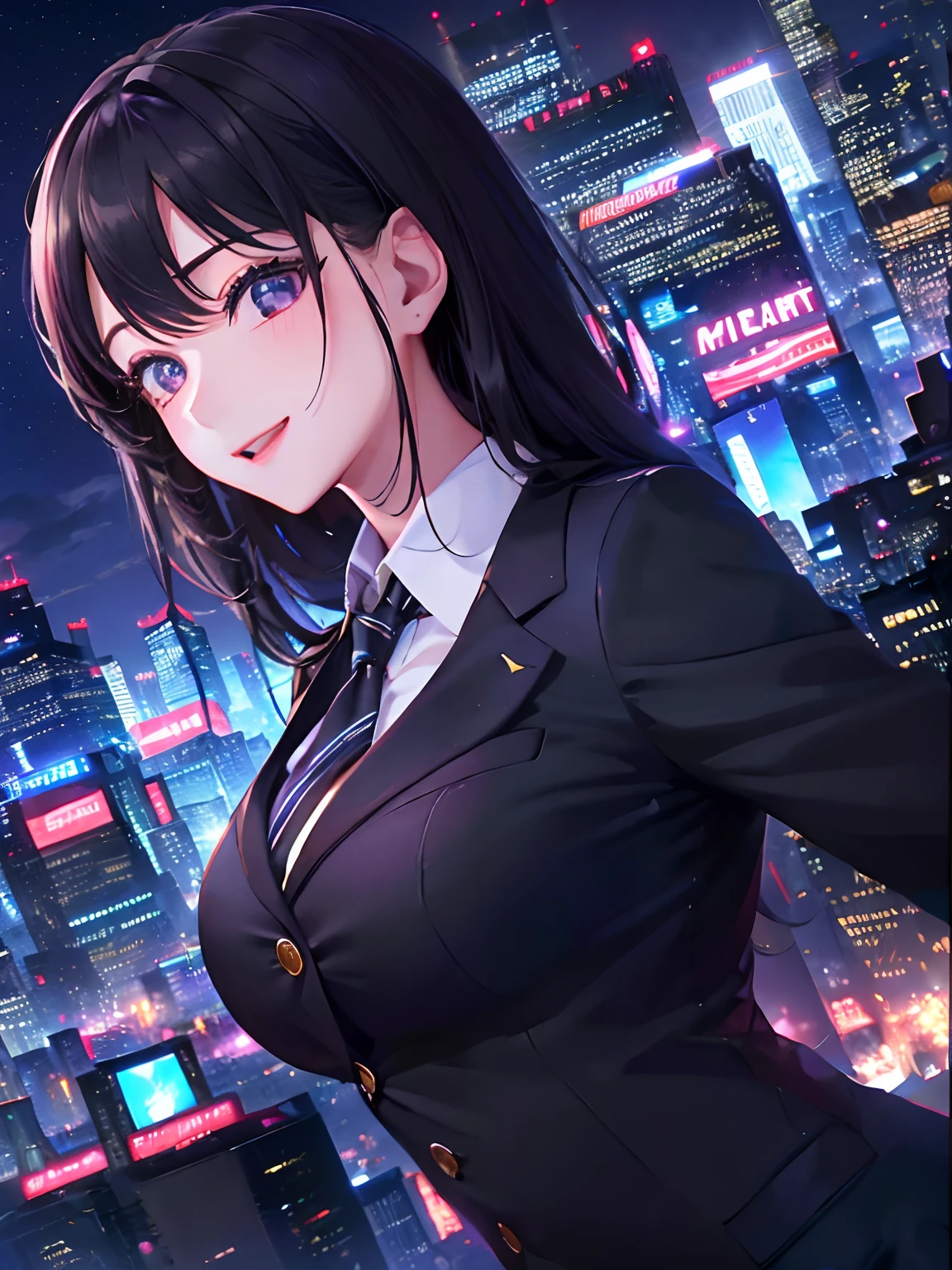 Anime girl in a suit standing in front of a city at night - SeaArt AI