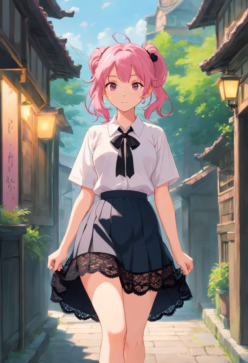 Girl with pink hair double ponytail，Black lace lingerie peeks through a white shirt，pleatedskirt，taking a walk