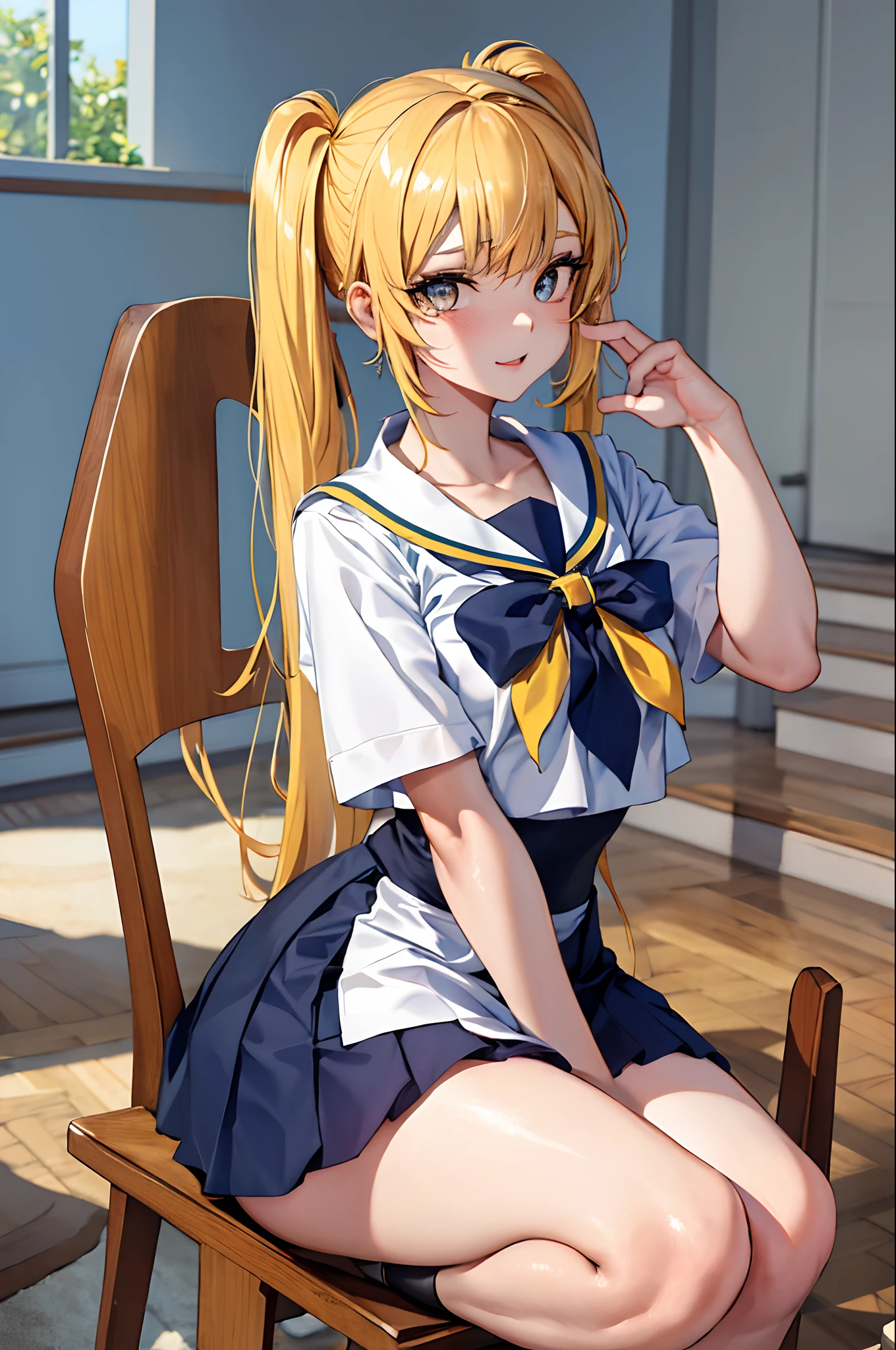 (Masterpiece artwork: 1.2, best qualityer), 1lady, 独奏, short school uniform, open blouse, class room, giorno, sit, blonde, twintails, Eyes red, open clavicle, skin fair, (Breasts Open: 1.1),