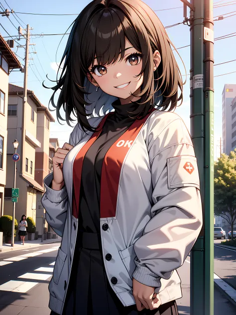 1girl smiling with her teeth open, beautiful bright brown eyes, short black hair, wearing highschool uniform, body is well proportioned, looking at viewer, in the neighborhood, high resolution, ultrasharp, 8k, masterpiece