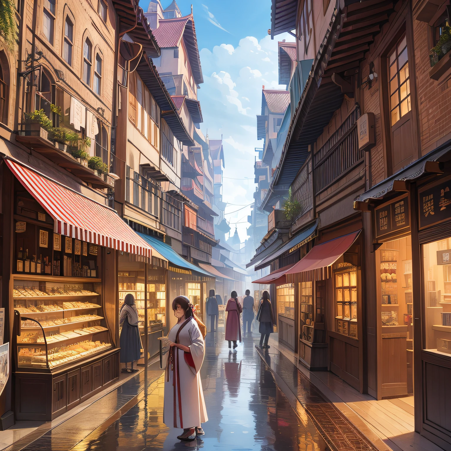 A crowded bazaar，Bustling streets，Ancient wind，Old town，Pedestrians are all dressed in Hanfu，Illustration style，anime big breast，Add a touch of mystery，Tall building，4K，high qulity，A high resolution