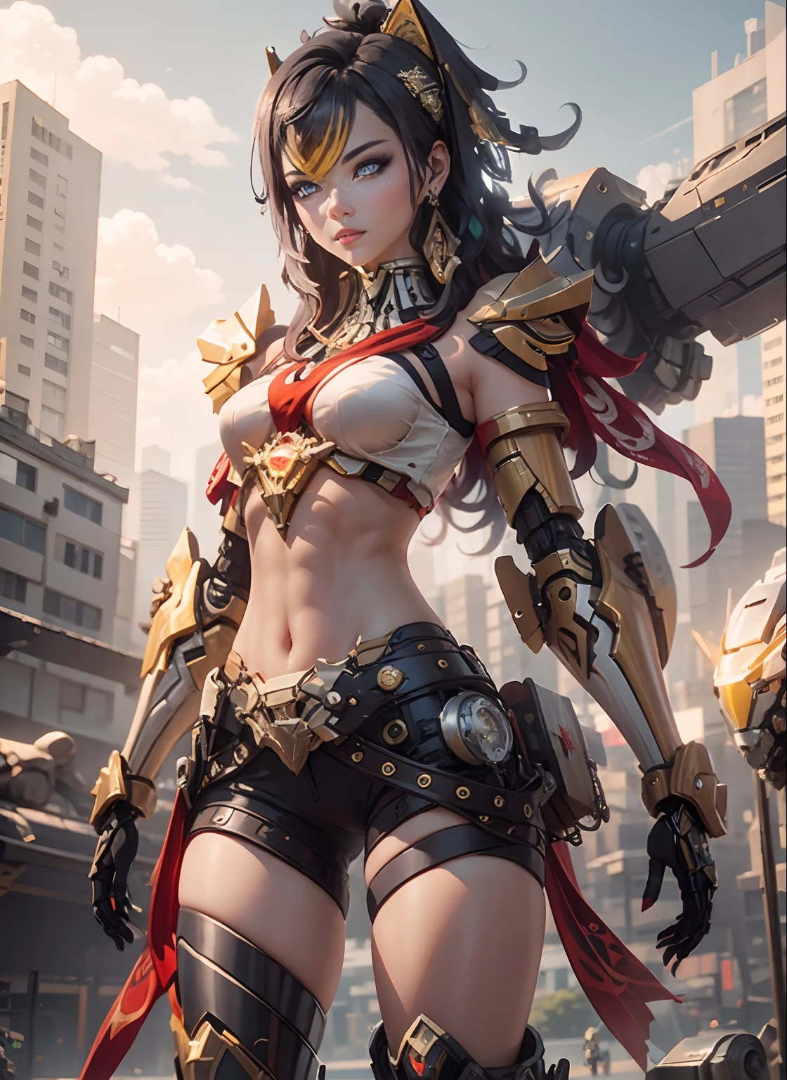 1girl, (((beautiful mecha girl))), RAW, masterpiece, ultra thin photo, best quality, ultra high resolution, photorealistic 8K, sunlight, full body portrait,1girl, ((((dehya\(genshin_impact\)))), dark skin, navel, incredibly beautiful, dynamic poses, sexy, delicate face, vibrant eyes, (red hair), she is using a futuristic Iron Man engine, red and yellow gold color scheme, highly detailed dragon robotic background, detailed face, detailed and complex busy background,  messy, gorgeous, milky white, highly detailed skin, realistic skin details, visible pores, sharp focus, volumetric mist, 8k uhd, dslr camera, high quality, film grain, fair skin, photorealism, lomography, expanding metropolis in futuristic dystopia, view from below, translucent, cables connected to robots,