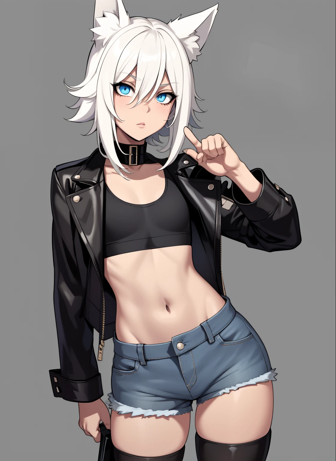 A woman with white hair and blue eyes wearing a black top - SeaArt AI