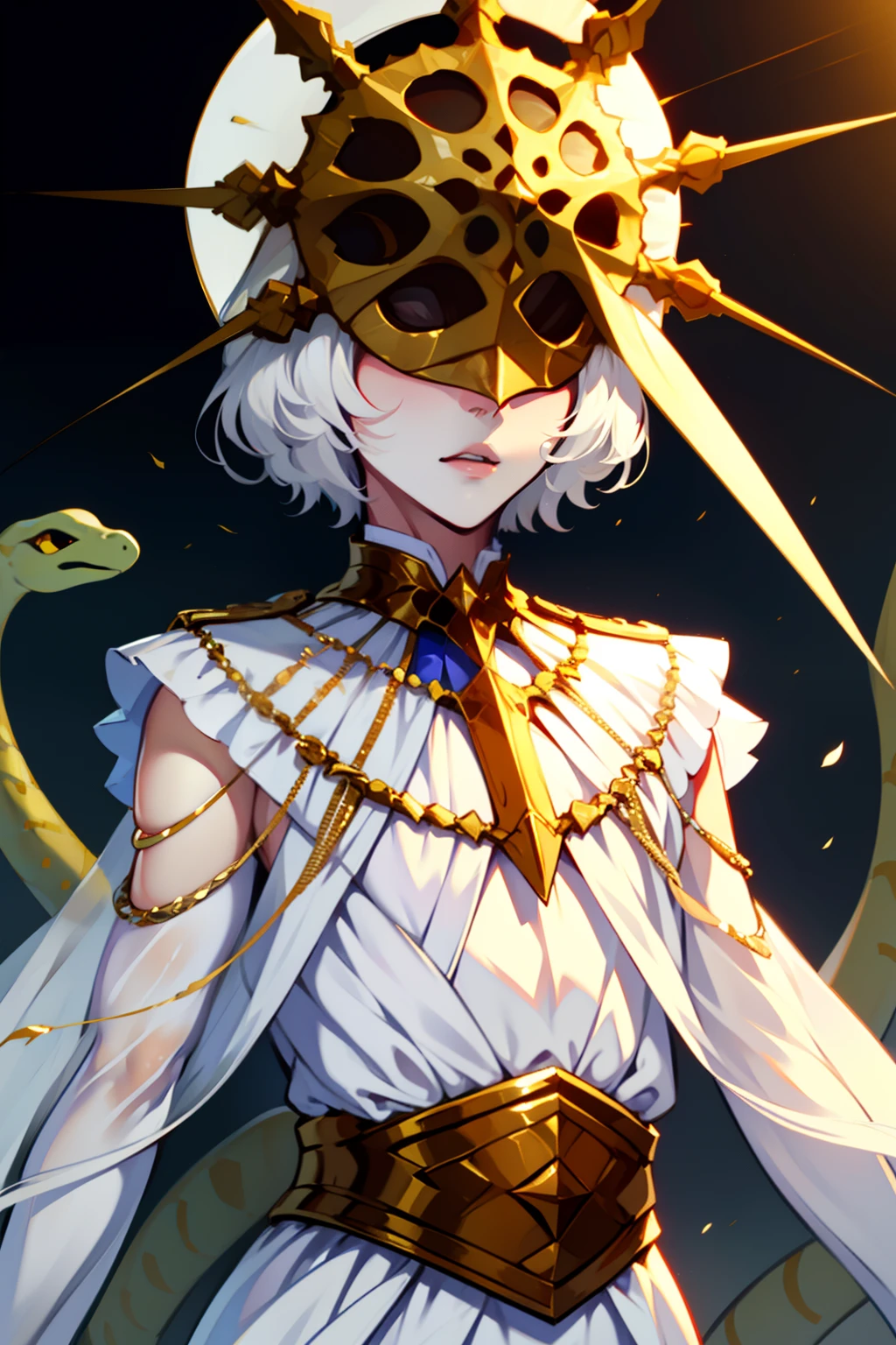 Gywndolin, short white hair, androgynous, 1boy, male, femboy, flat-chested, GwyRob, white thighhighs, ((golden sun mask)), covered eyes, gold jewelry, white elbow gloves, long white dress, green snakes, white veil, ((snakes under white dress)), perfect anatomy, solo