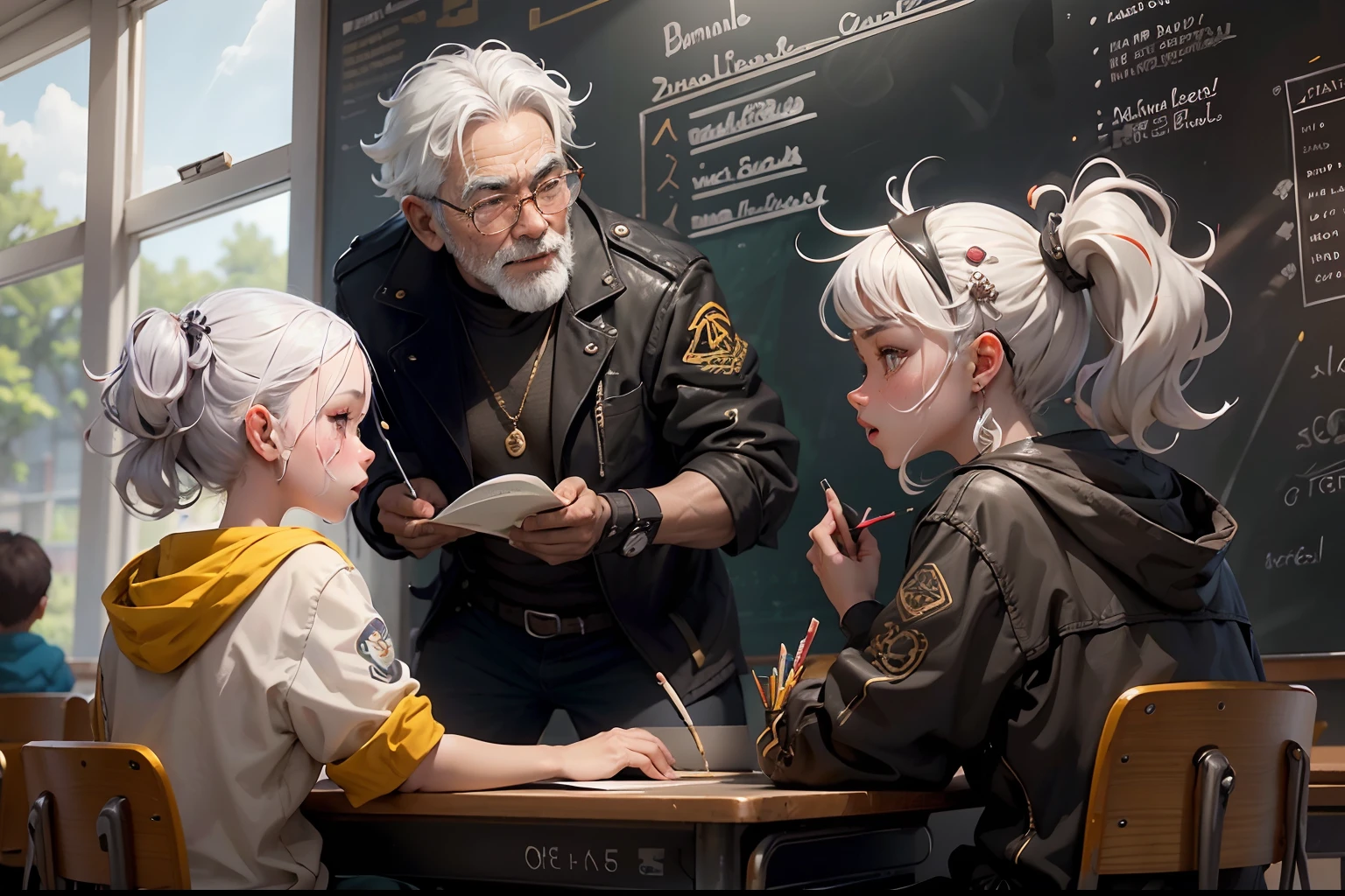 Anime characters sitting at a table with a teacher in front of them -  SeaArt AI