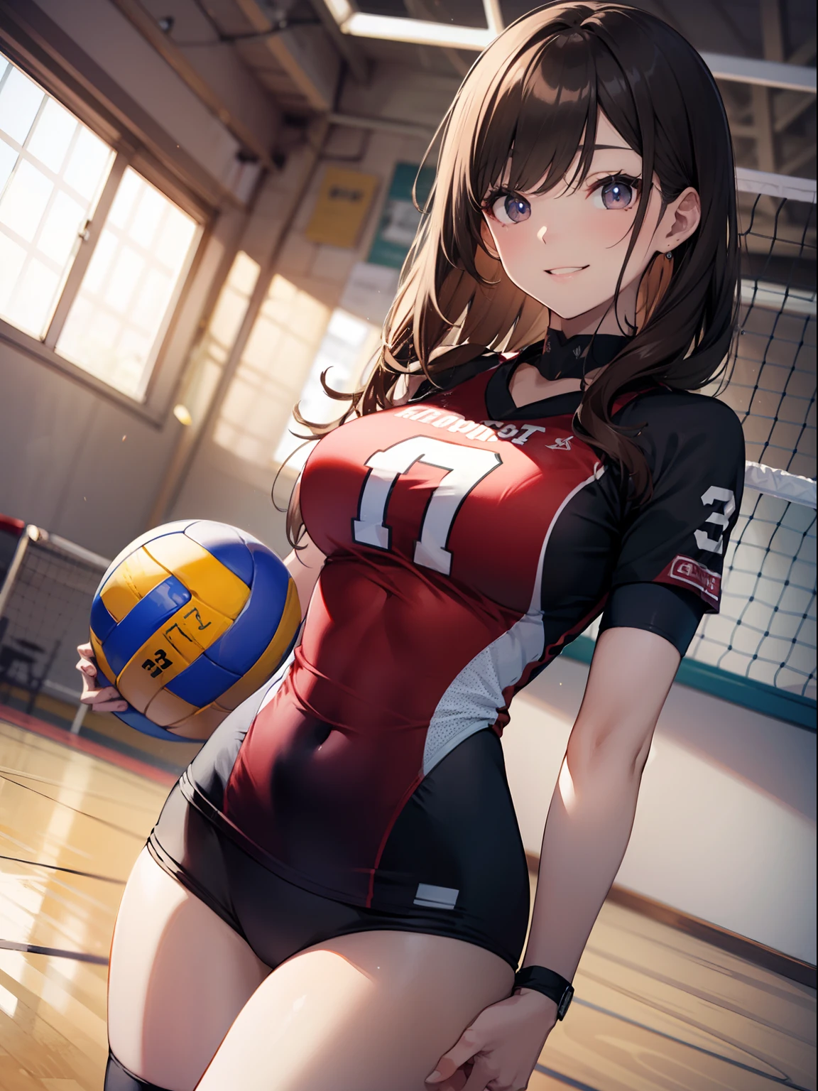 masutepiece、Best Quality、Illustration、 ultra-detailliert、hight resolution、8K Wallpapers、Perfect dynamic composition,、Beautiful detailed eyes、(Black Volleyball Uniforms:1.3)、Black bloomers、Brown hair、Medium Hair、(Beautiful Large Breasts:1.3)、Natural Color Lip、Bold sexy poses、Smile、20 years girl、Cute、Beautiful sister、Sexy shot looking at camera、Gymnasium、Volleyball Court