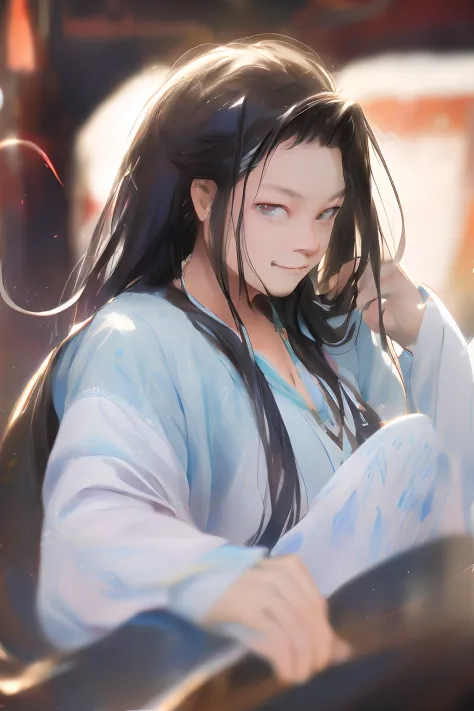 of a guy，long whitr hair，Black hair，Handsome，Deep eyes，looking back at the camera，ssmile，Bust，closeup cleavage，Wear Hanfu，Black ...