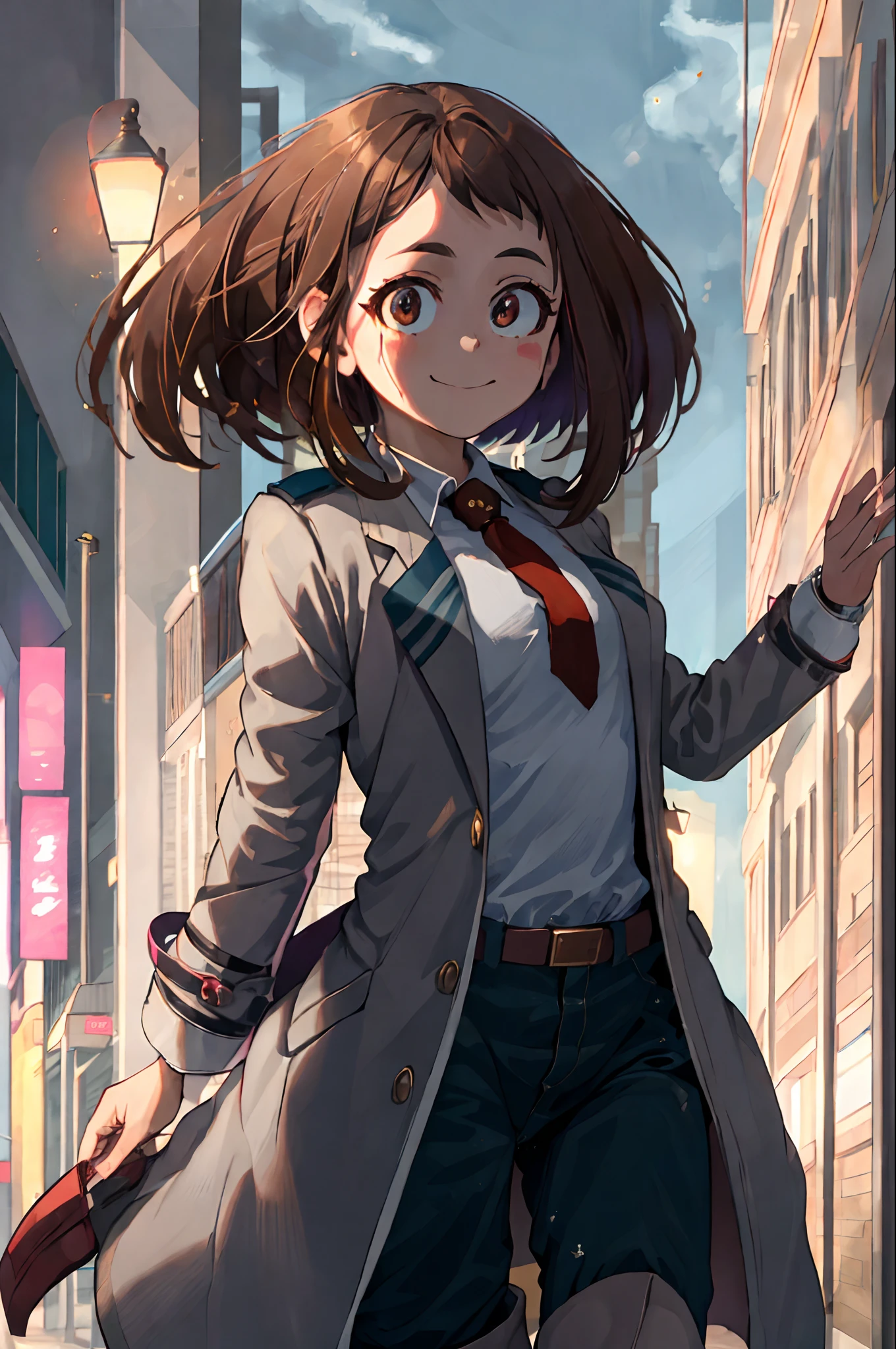 (masterpiece, ultra high res, best quality:1.1), (flat color), 1girl, solo, teen, cowboy shot, (depth of field:1.2), (night), (long coat), downtown, (street light:1.1), (Fantastic lighting), looking at viewer, brown hair, brown eyes, [smile], (Closed mouth)