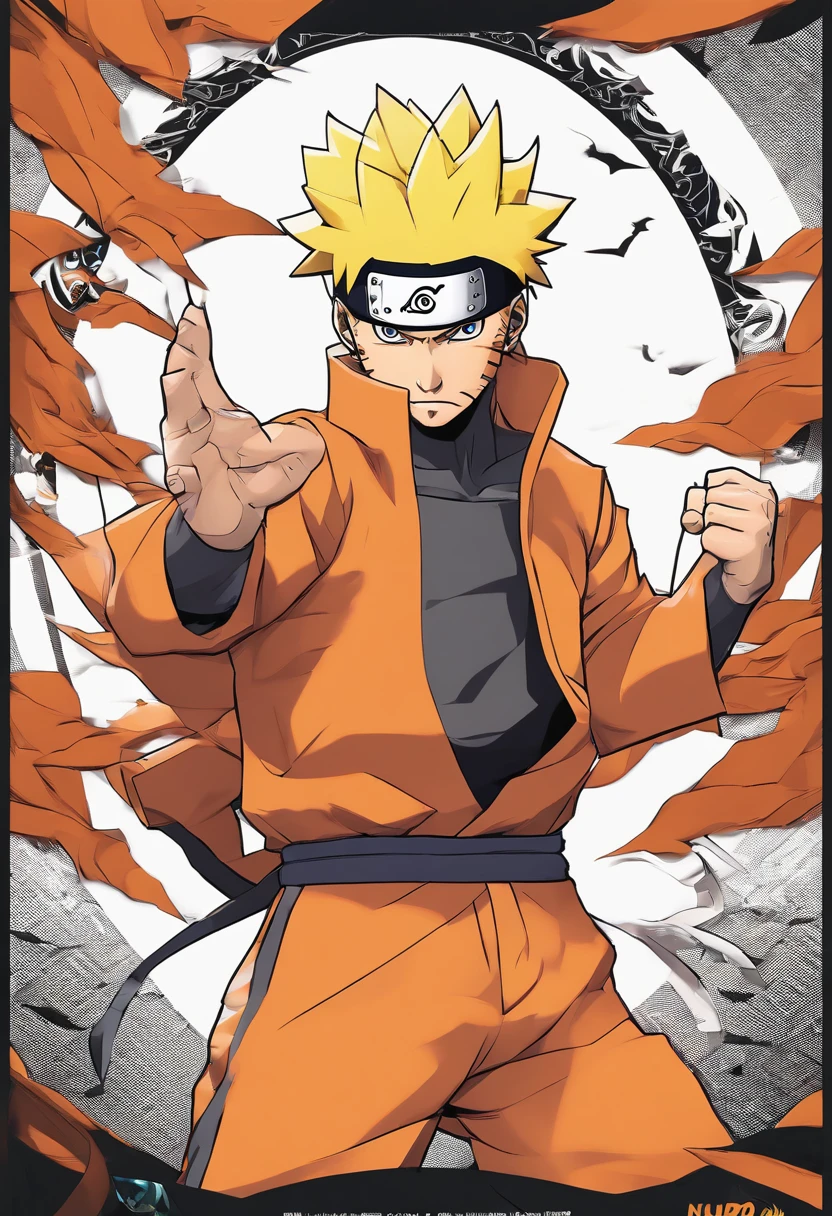 Naruto Uzumaki, colored, manga style,charismatic and determined expression, headband with the Konoha symbol, spiky blonde hair, vibrant blue eyes, orange jumpsuit, energetic pose, shadow clones in the background, intense fighting scene, dynamic action, powerful rasengan, dramatic lighting, vivid colors, detailed background, rugged mountains. (best quality, 4k, highres), [realistic], matte finish, bold lines, comic book style, vibrant color palette.