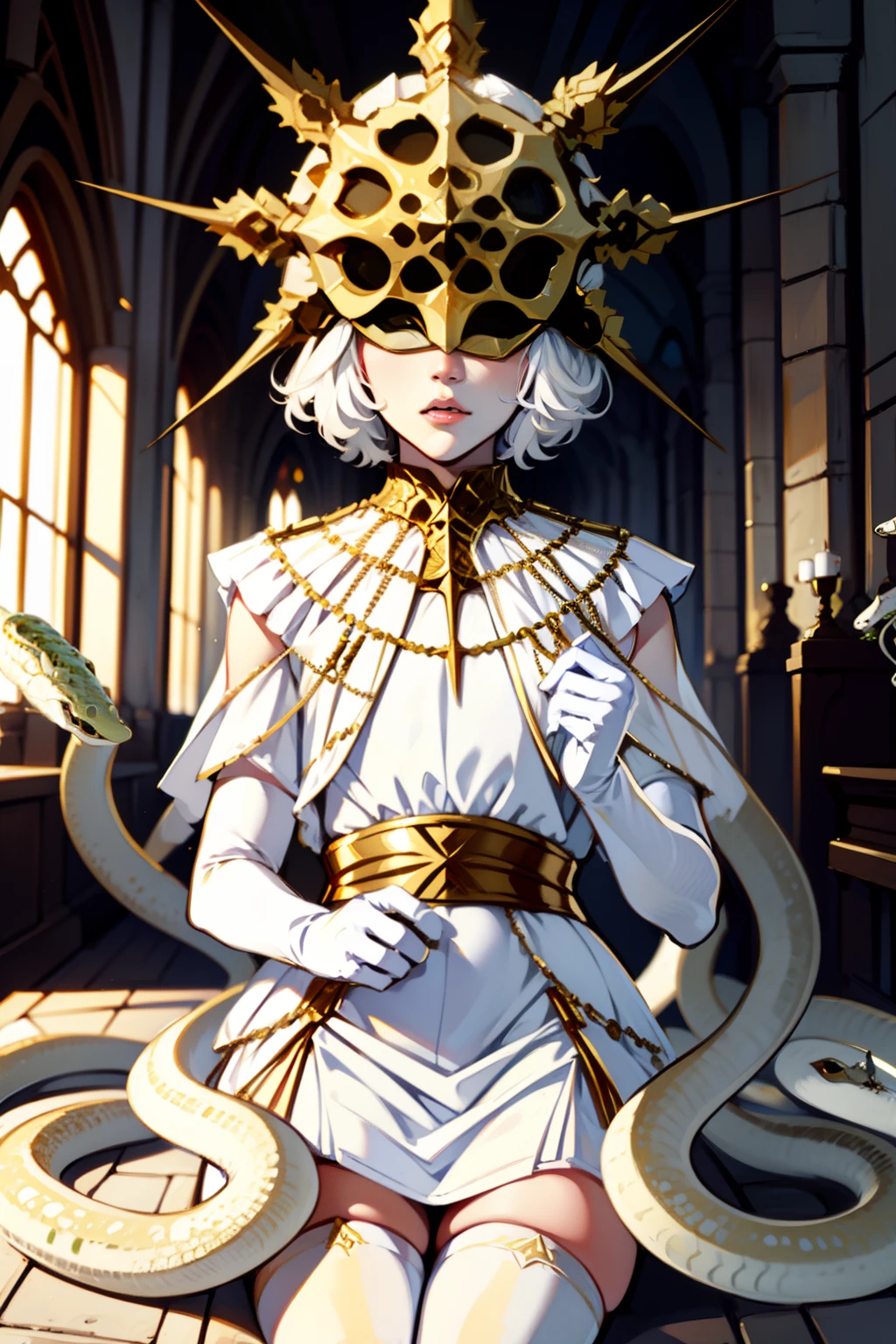 Gywndolin, short white hair, androgynous, 1boy, male, femboy, flat-chested, GwyRob, white thighhighs, ((golden sun mask)), covered eyes, gold jewelry, white elbow gloves, long white dress, green snakes, white veil, ((snakes under white dress)), perfect anatomy, solo, across table, upper body, first person pov, looking at viewer